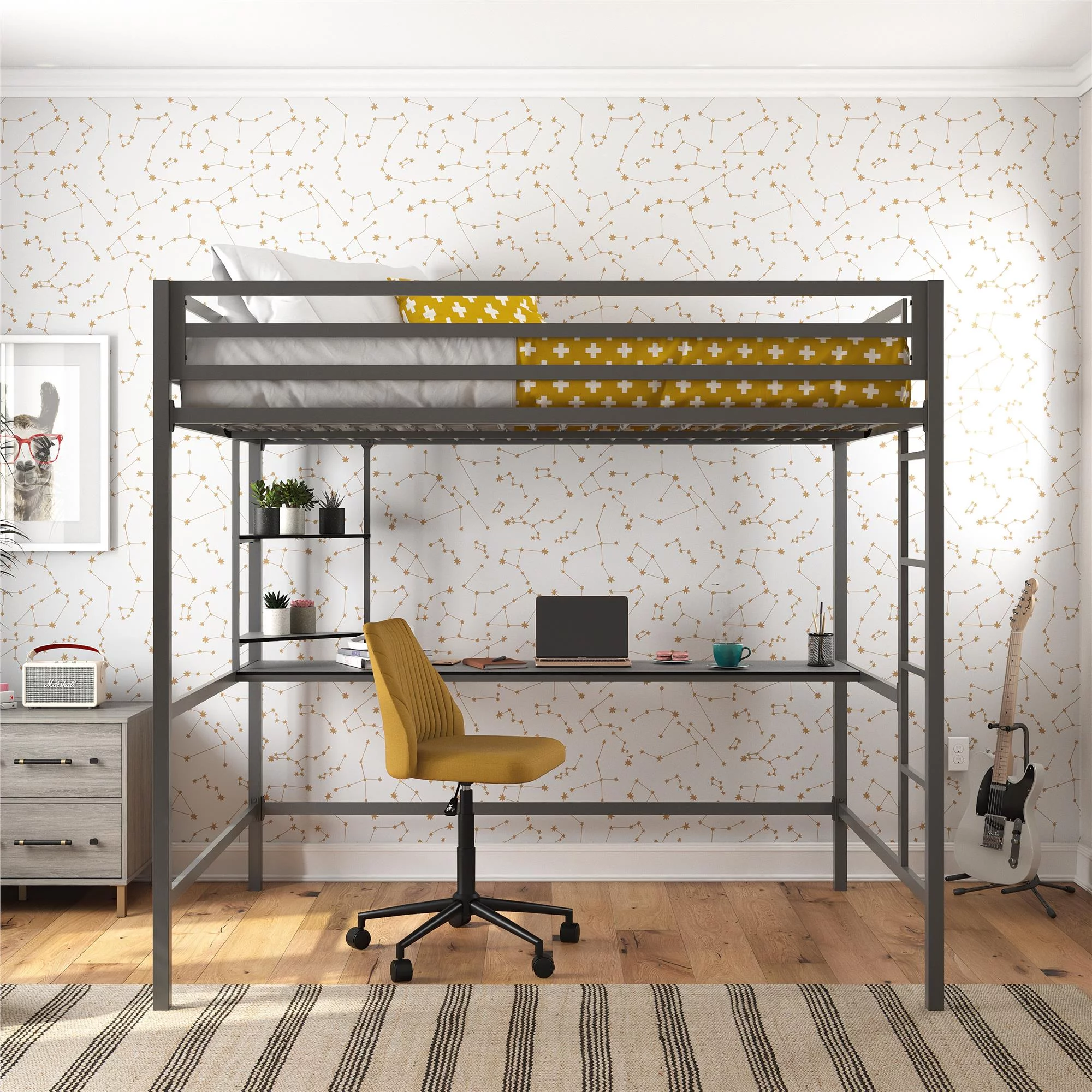 Novogratz Maxwell Metal Full Loft Bed with Desk & Shelves, Gray/ Black