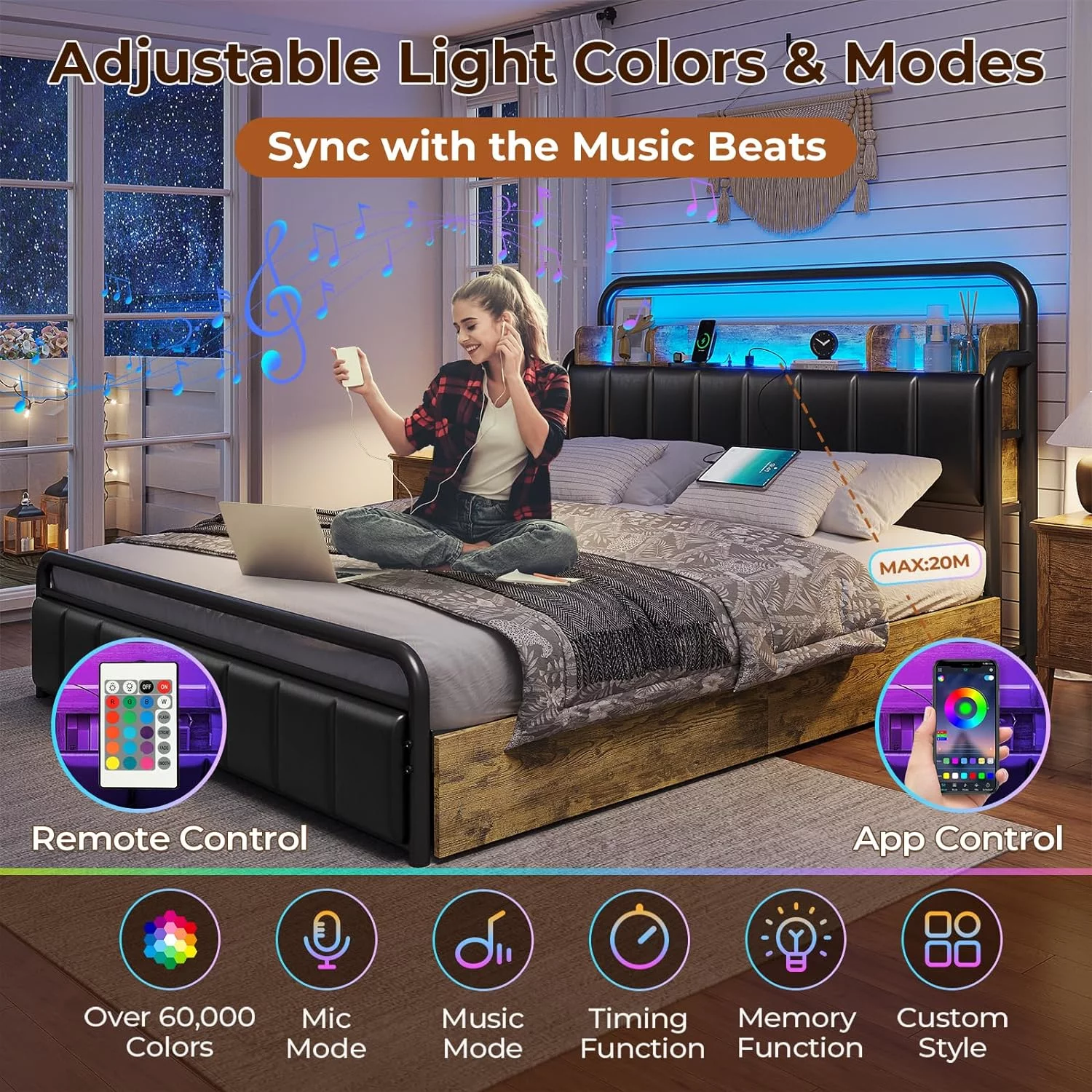 LED Bed Frame with 4 Storage Drawers Queen Size Upholstered Platform Bed with LED Lights&Charging Station&Leather Headboard,Noise-Free,No Box Spring Needed, Vintage Brown