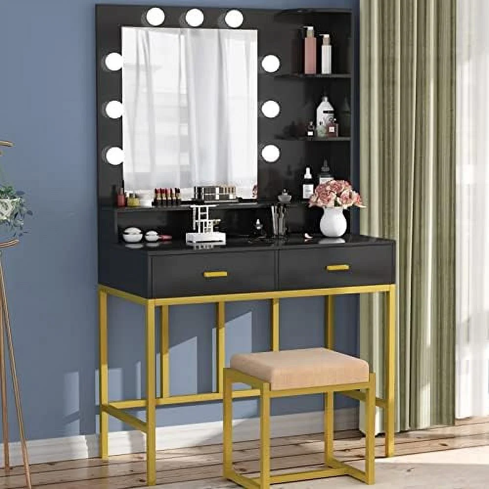 NLIBOOMLife Makeup Vanity Desk with Lighted Mirror Small Vanity Dressing Table with Drawers Cushioned Stool Shelves for Bedroom Black