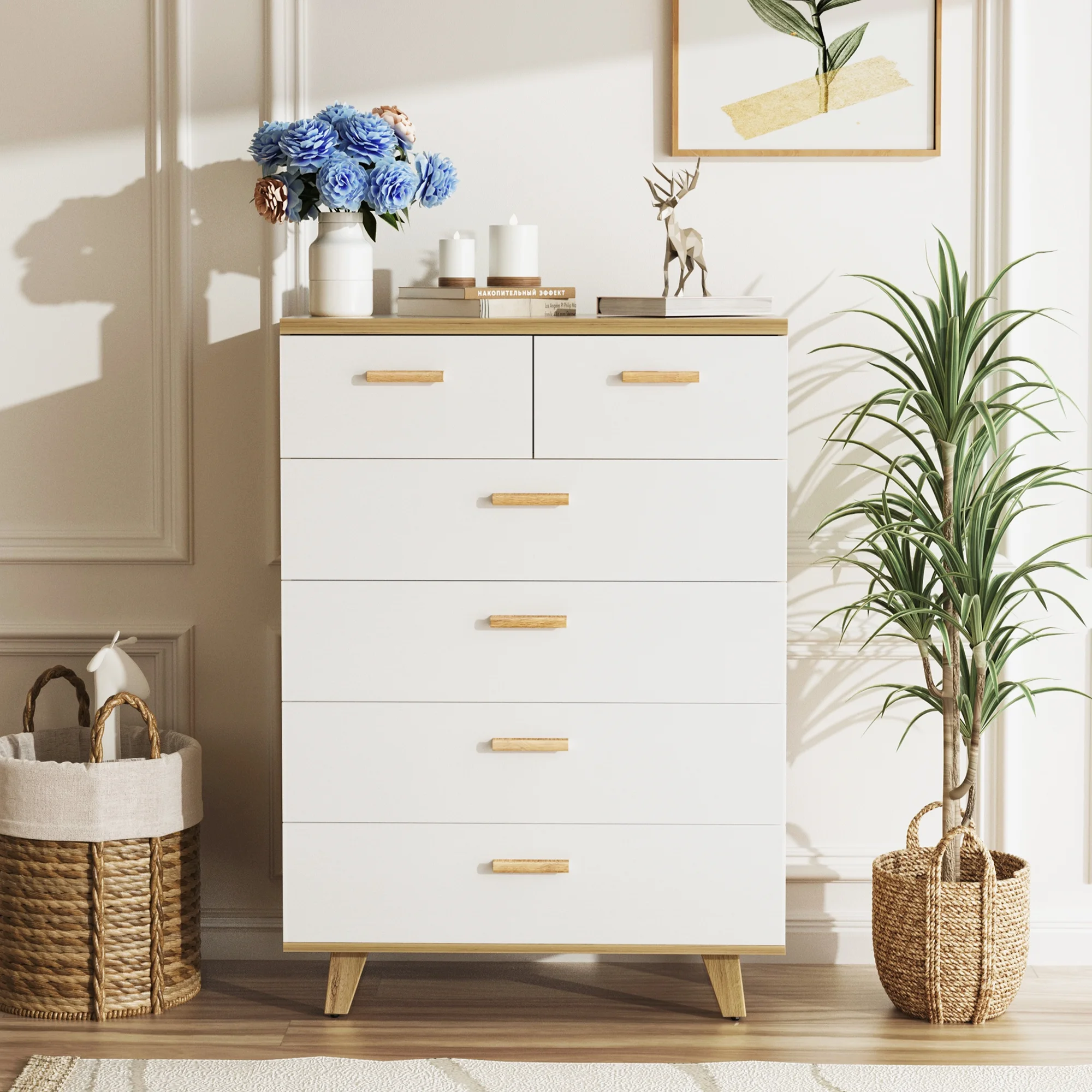 Modern Dresser for Bedroom, 6 Drawers White Dresser with Wood Handles for Hallway, Closet, Entryway
