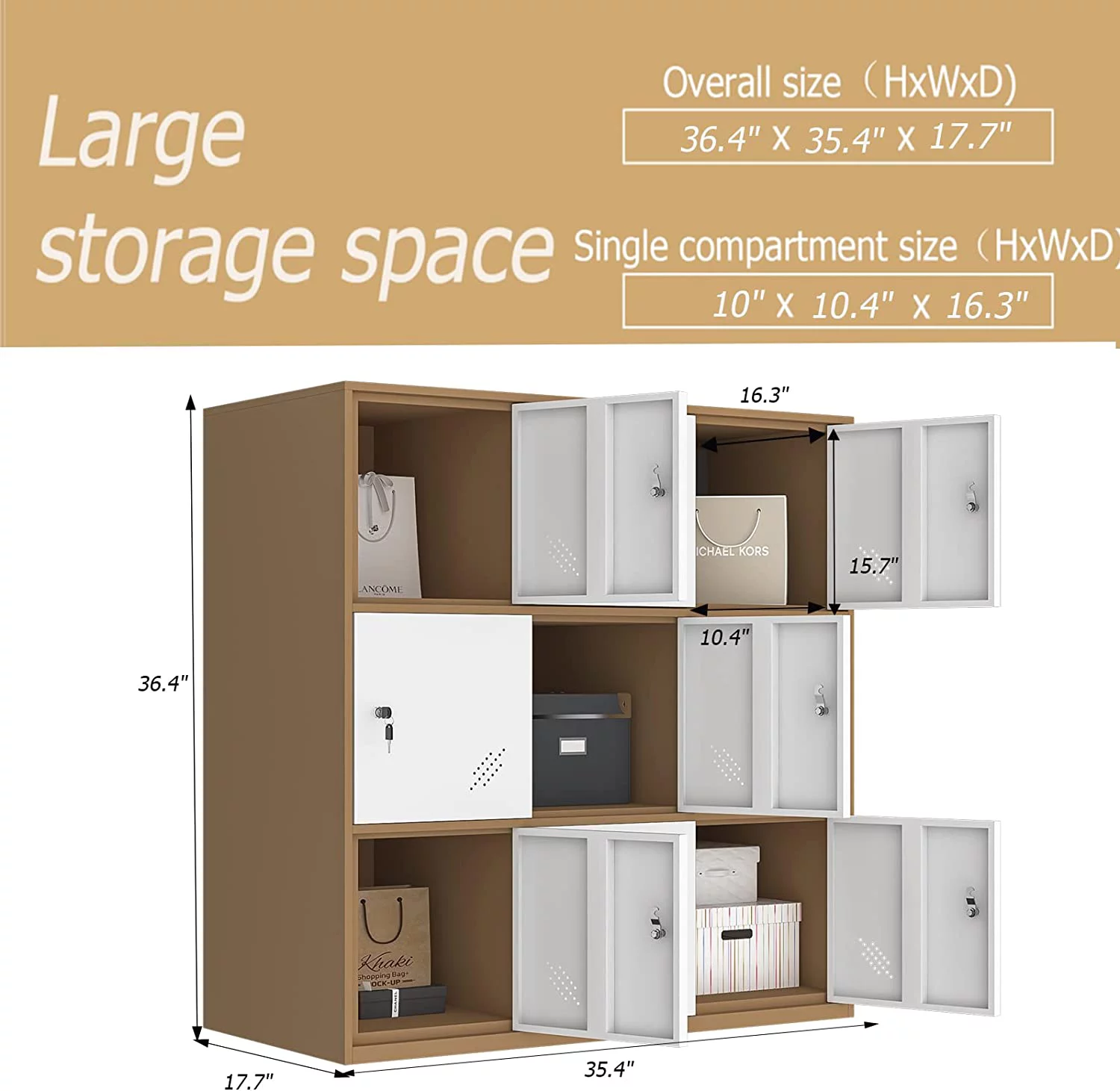 MECOLOR Shool and Home Locker Cabinet Organizer Storage 9 doors Brown body with white door wall mouted type