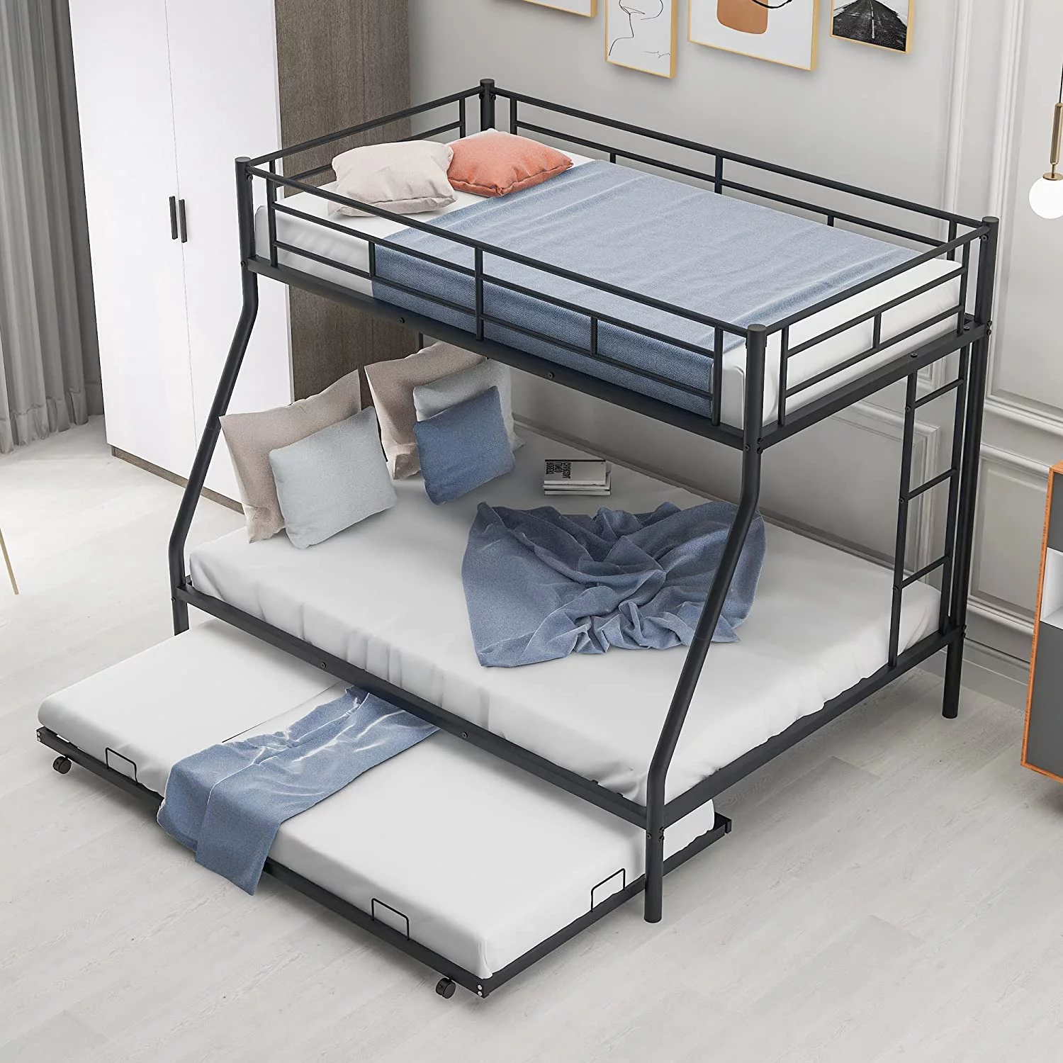 Twin Over Full Bunk Bed with Trundle 3 in 1 Triple Bunk Sturdy Steel Bunk Frame for 3 Kids/Teens with Two Side Ladders and Safety Guard Rail Black