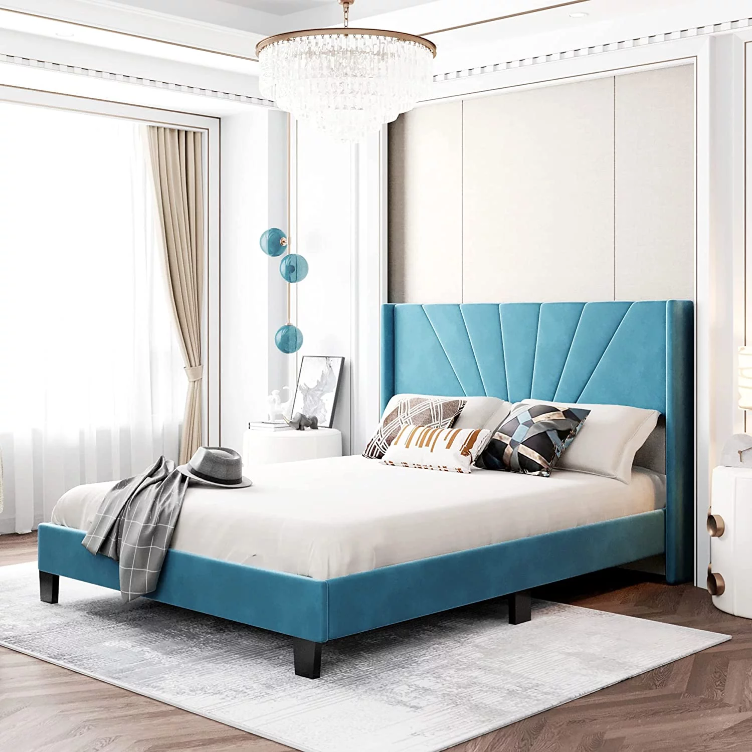 Queen Bed Frame, Upholstered Platform Bed with Tufted Headboard, Wood Slat Support, Linen Fabric Blue