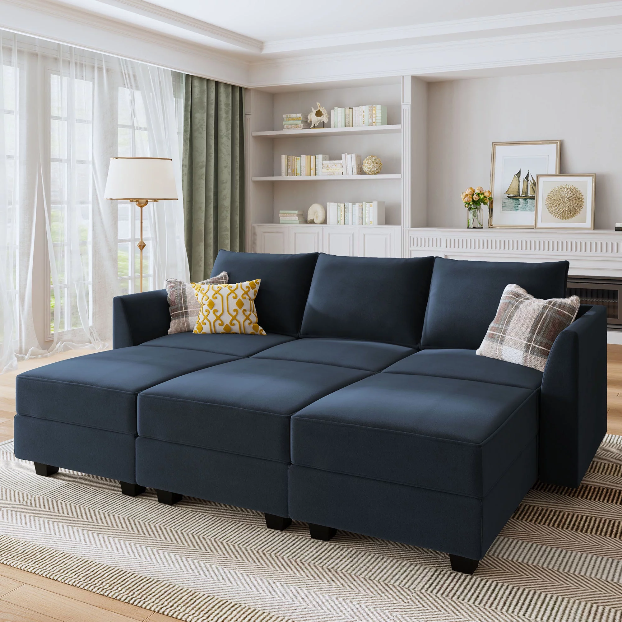HONBAY Modular Sofa Sectional Sleeper Couch with Ottoman Velvet 6 Seater Sofa with Storage Seat Convertible Sectional Sofa Couch Set for Living Room, Dark Blue