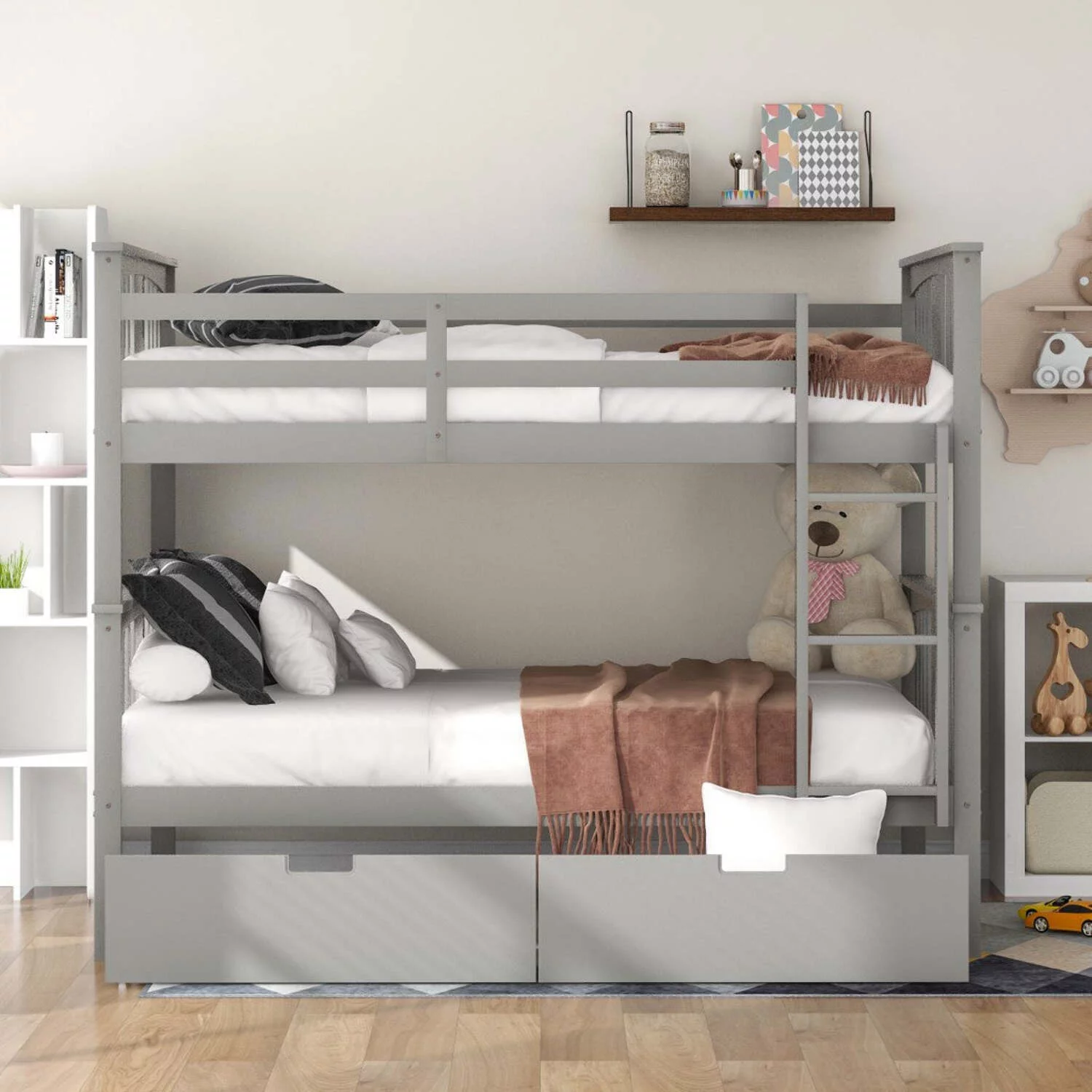 HomeRoots 404040 Modern Gray Full Over Bunk Bed with Two Drawers