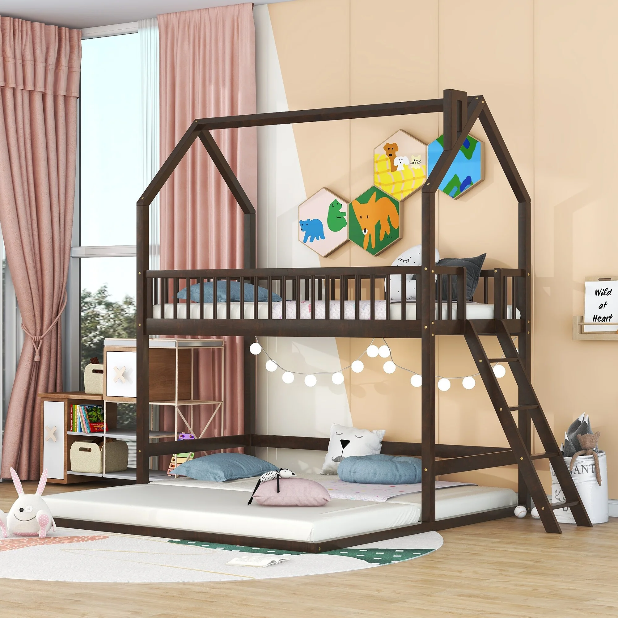 Twin Over Twin-Twin House Bunk Bed with Trundle and Ladder Espresso