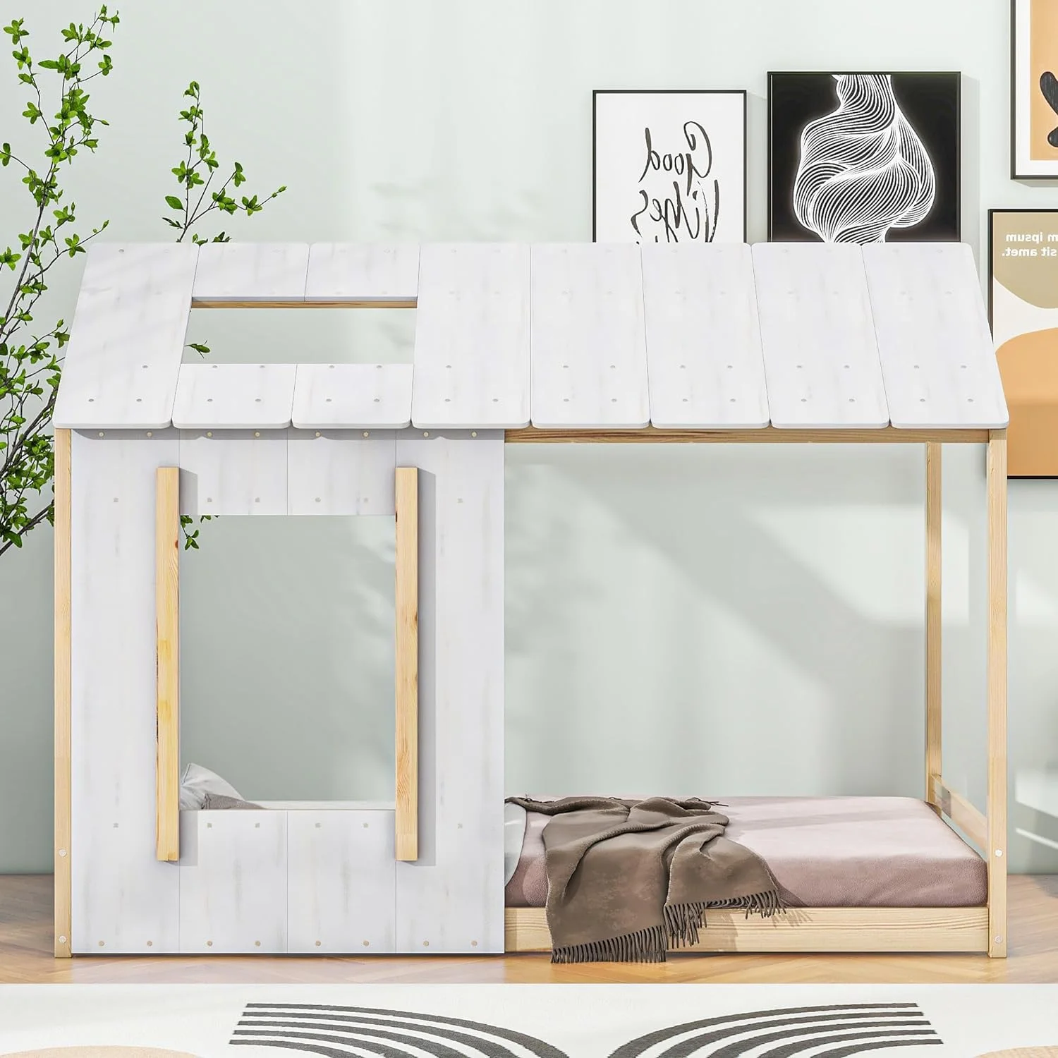House Bed For Kids, Motessori Floor Bed With Roof Ad Widow, Wood Floor Bed Frame With Cottage Rustic Desig Cabi Playhouse Bed For Girls, Boys, White atural