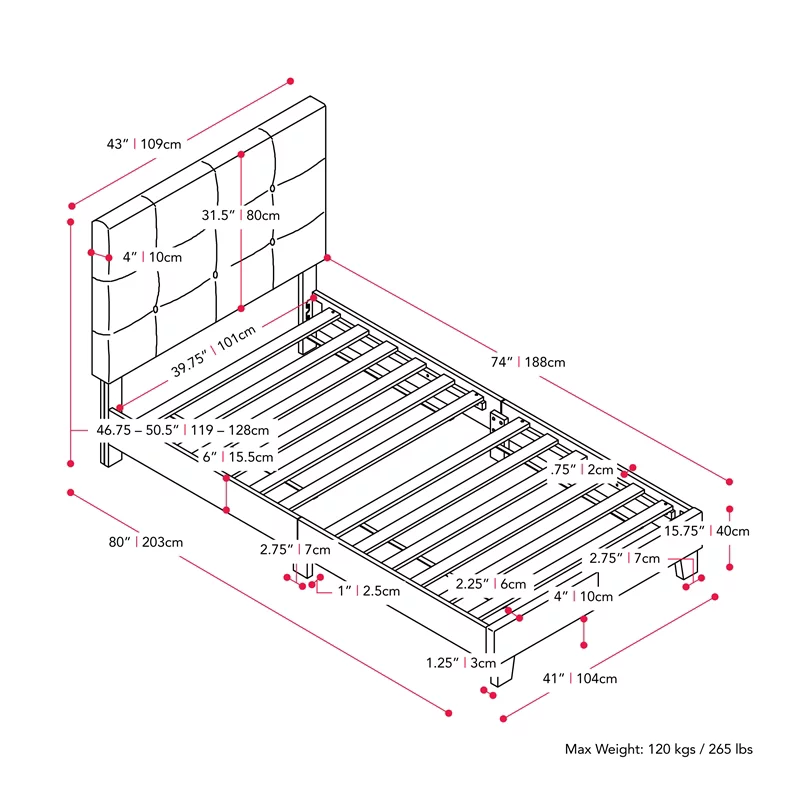 CorLiving Ellery Black Engineered Wood and Fabric Tufted Single Bed