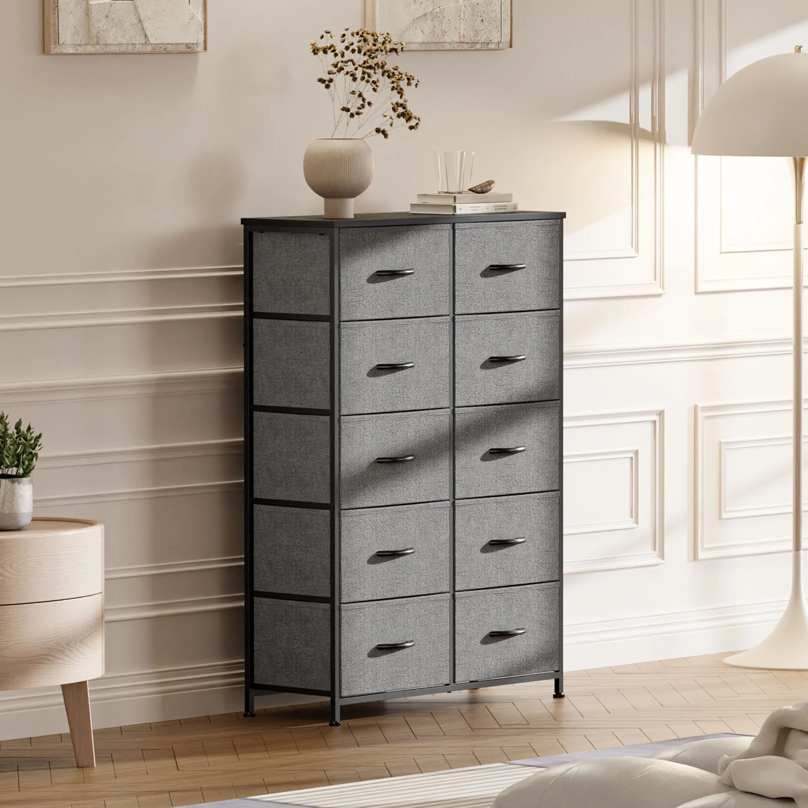 sweetcrispy Dresser for Bedroom Storage Drawers, Fabric Storage Tower with 11 Drawers Sturdy Metal Frame Gray
