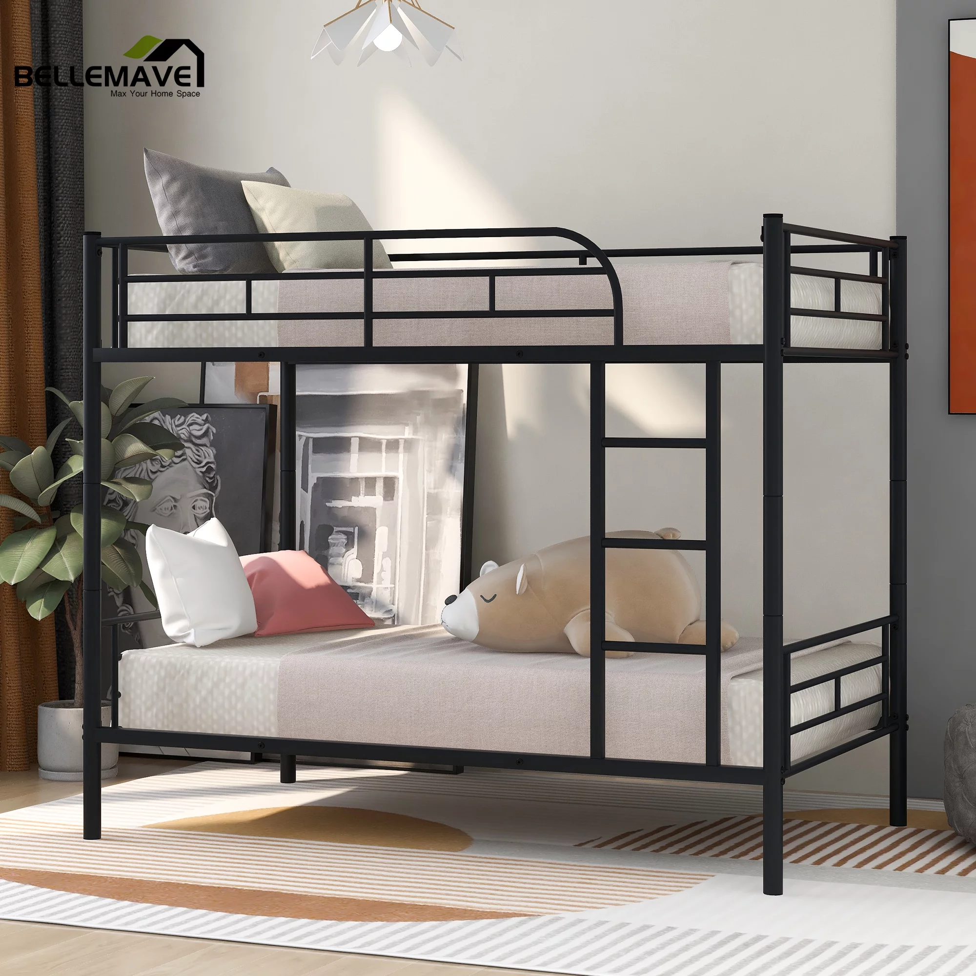 Bellemave Metal Twin over Twin Bunk Bed Frame with Ladder, Guardrail, Can be Divided into Two Beds for Boys, Girls, Dormitory Bedroom, Black