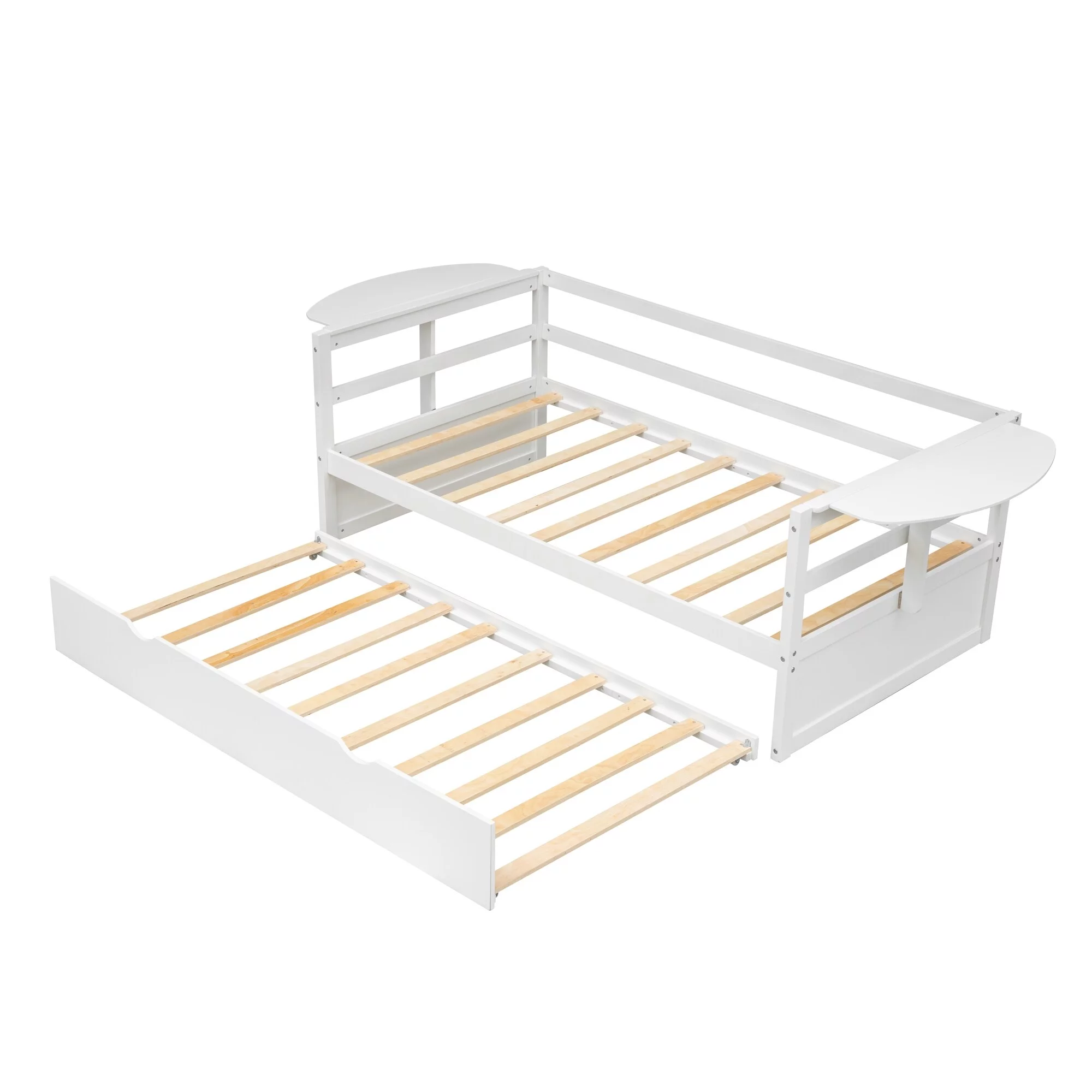 Modern Twin Size Daybed with Trundle and 2 Foldable Shelves, Multifunction Wood Bed Frame for Kids, Teens, No Box Spring Needed White - Twin
