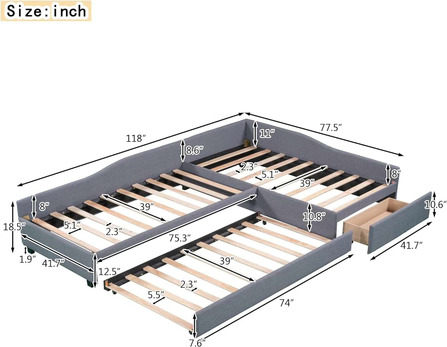 L Shaped Bed Upholstered Size Daybed With Trundle And Drawer, No Box Spring Needed - Gray