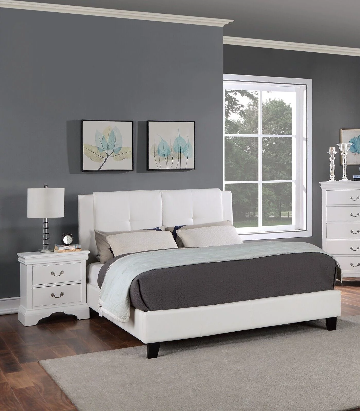Queen Size Bed 2x Nightstands 3pc Set Bedroom Furniture White Faux Leather Panel Headboard Modern