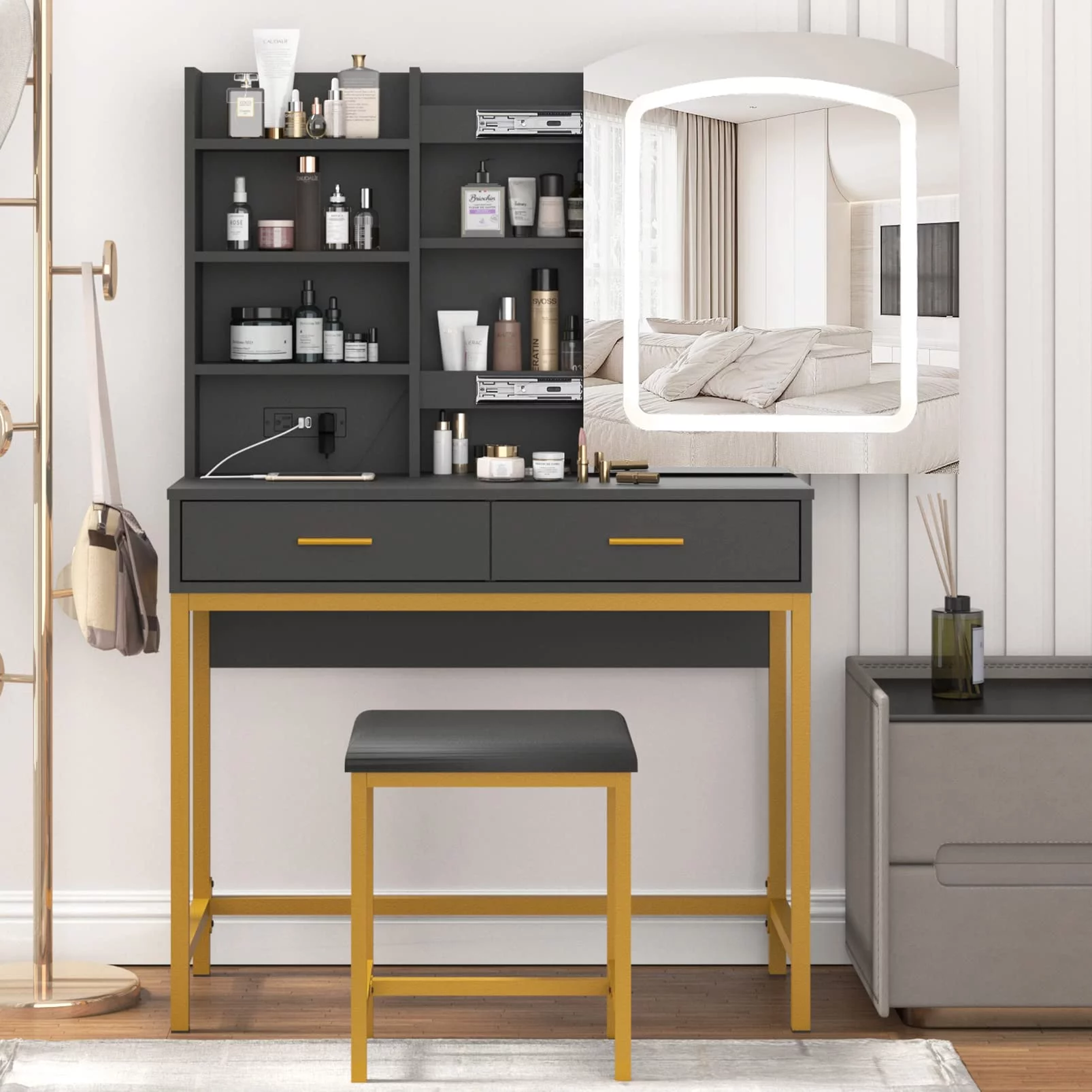 35 inch Makeup Vanity Desk with Lighted Mirror & Power Strip,Vanity Set with Sliding Mirror, Modern Bedroom Dressing Table with Drawers