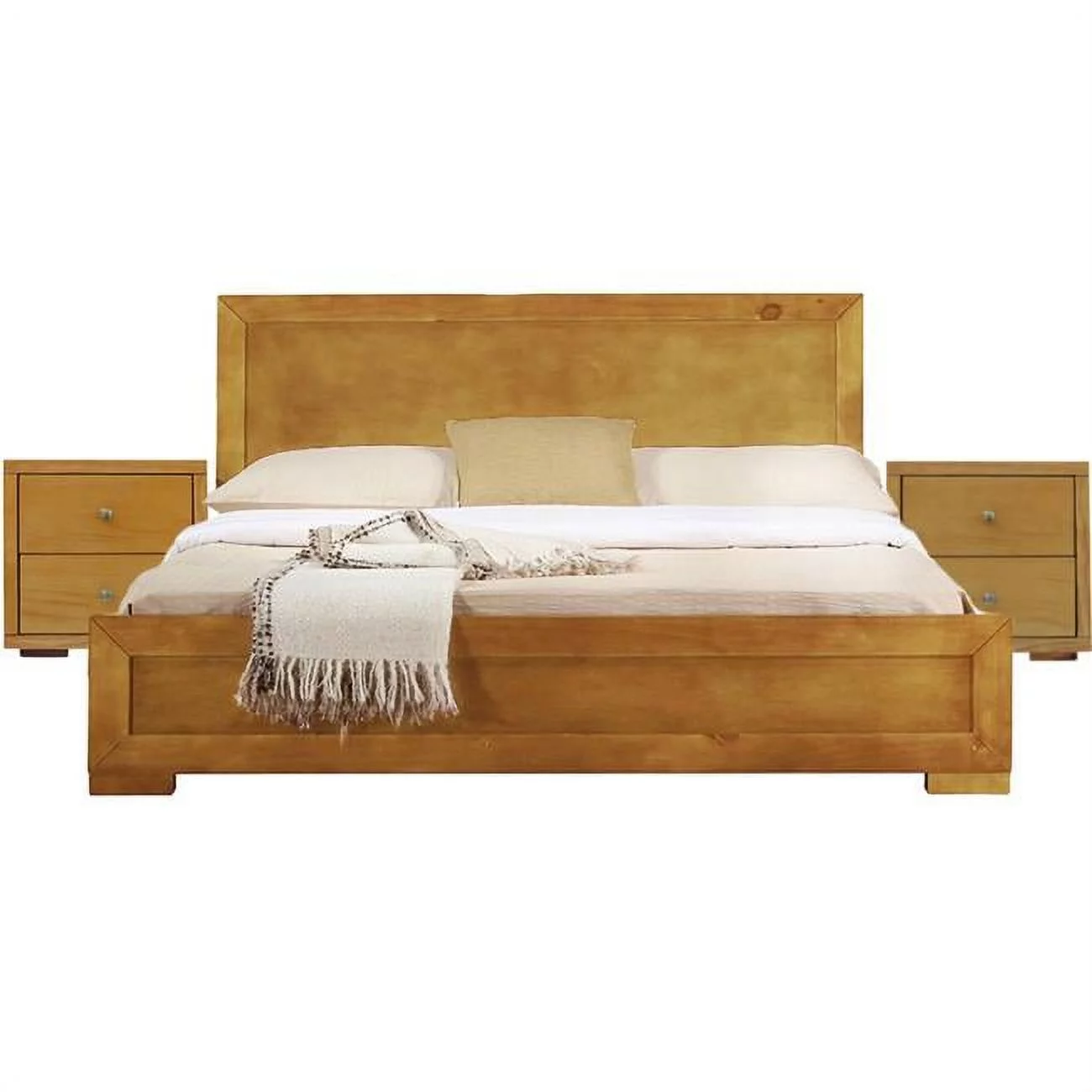 HomeRoots Moma Wood Platform King Bed with Two Nightstands, Oak