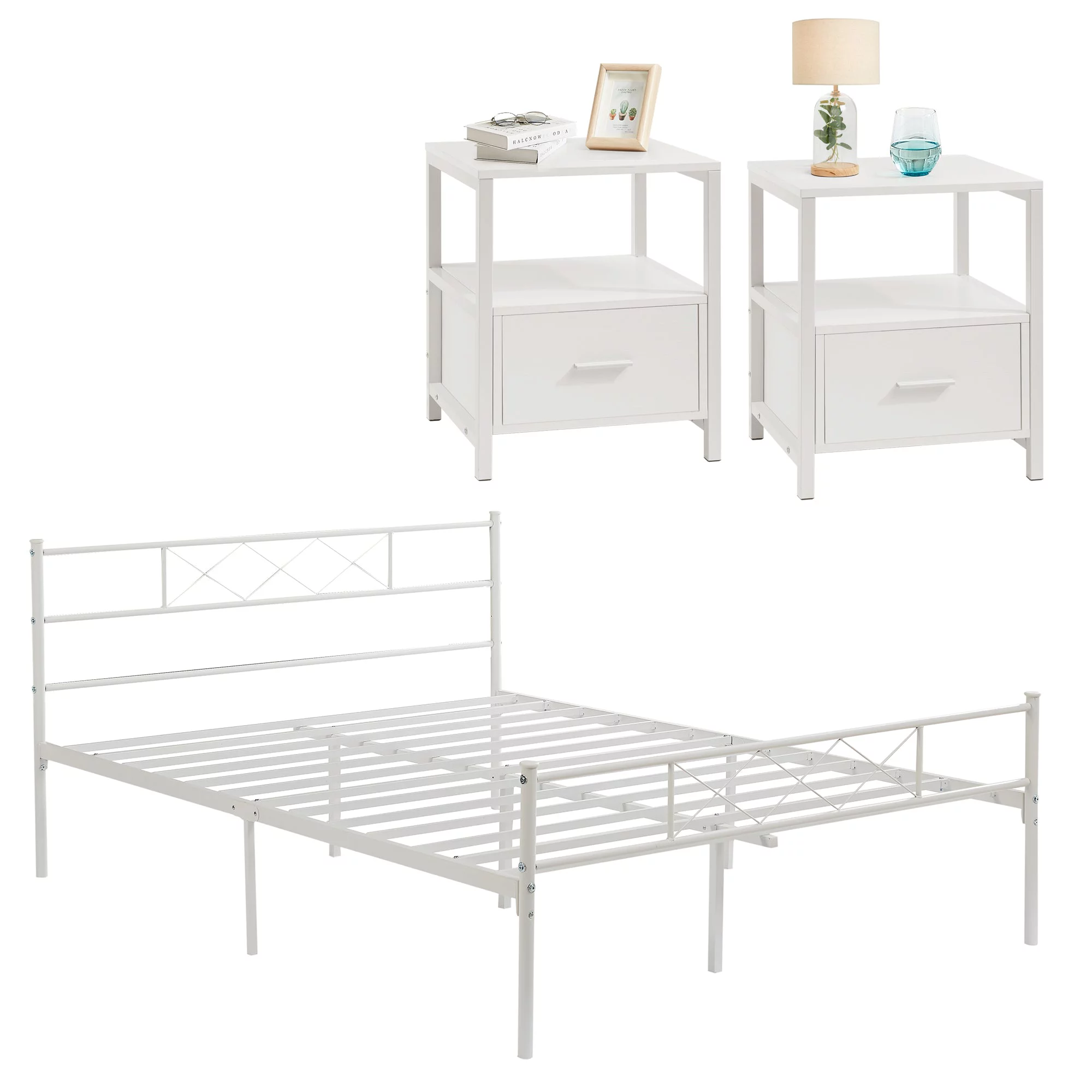 VECELO 3-Piece White Bedroom Sets Include Queen Bed Frame + 2 Nightstands
