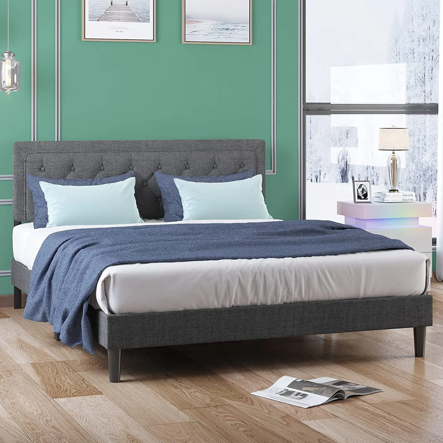 BALUS Bed Frame with Headboard Full Upholstered Platform Metal Bed Frame with Steel Slat Support / No Box Spring Needed / Easy Assembly/No Mattress Dark Grey