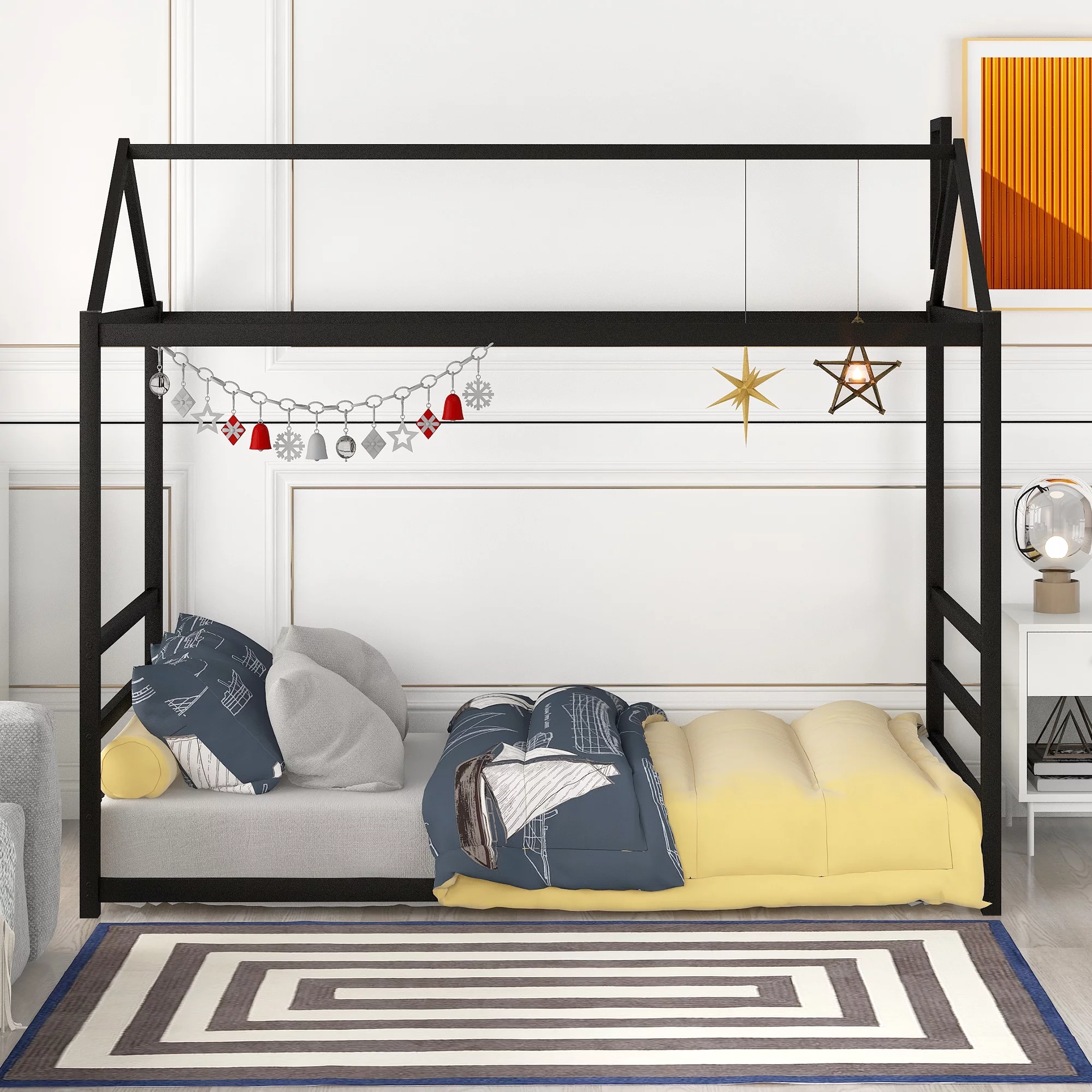 Metal Tent Bed with Roof and Chimney Design for Toddlers, Twin House Beds for Kids, Metal Floor Bed Frame Bedroom Furniture for Girls Boys