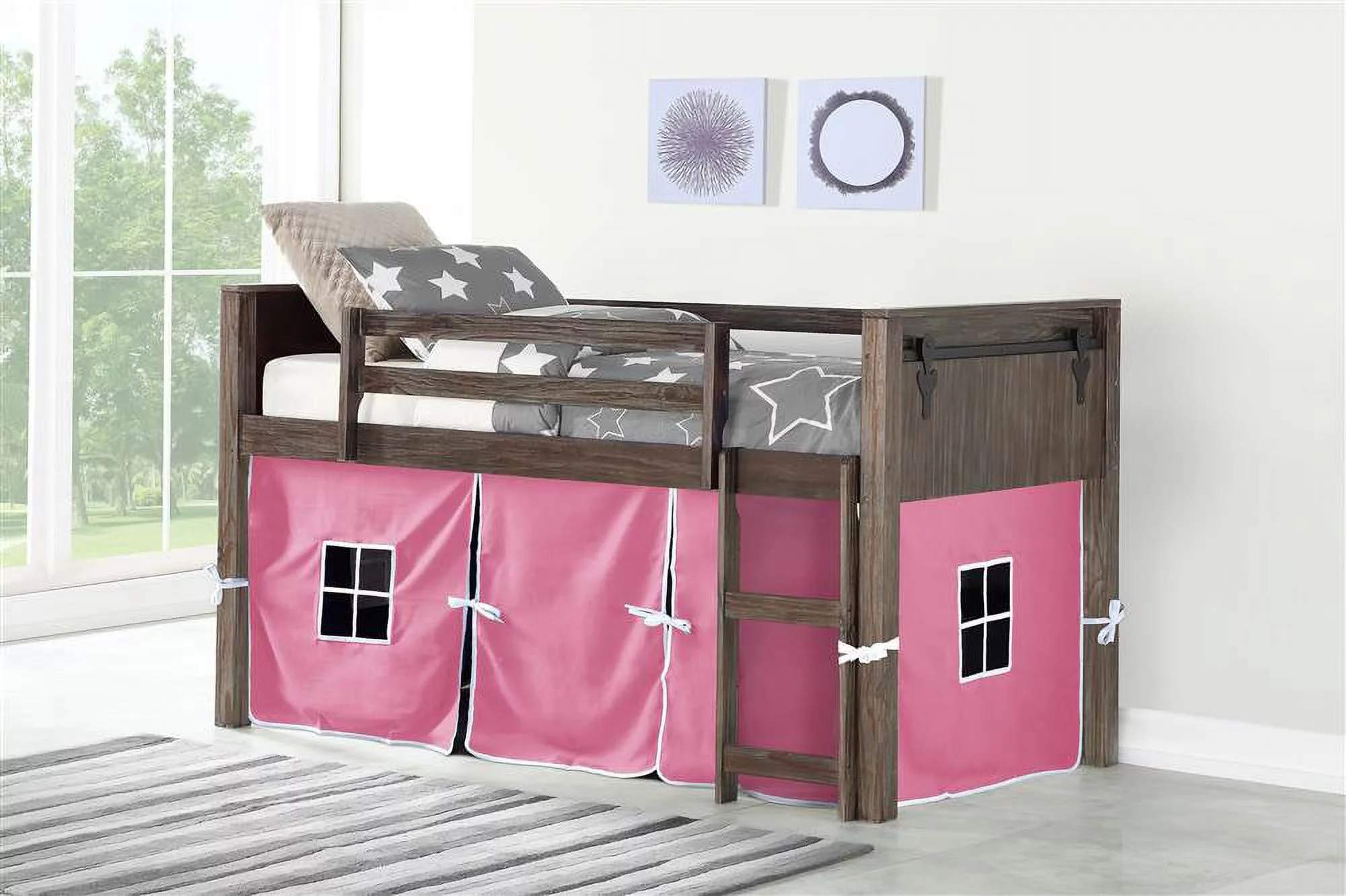 Donco Kids PD-0318TBS-P Twin Barn Door Low Loft, Brushed Shadow with Pink Tent