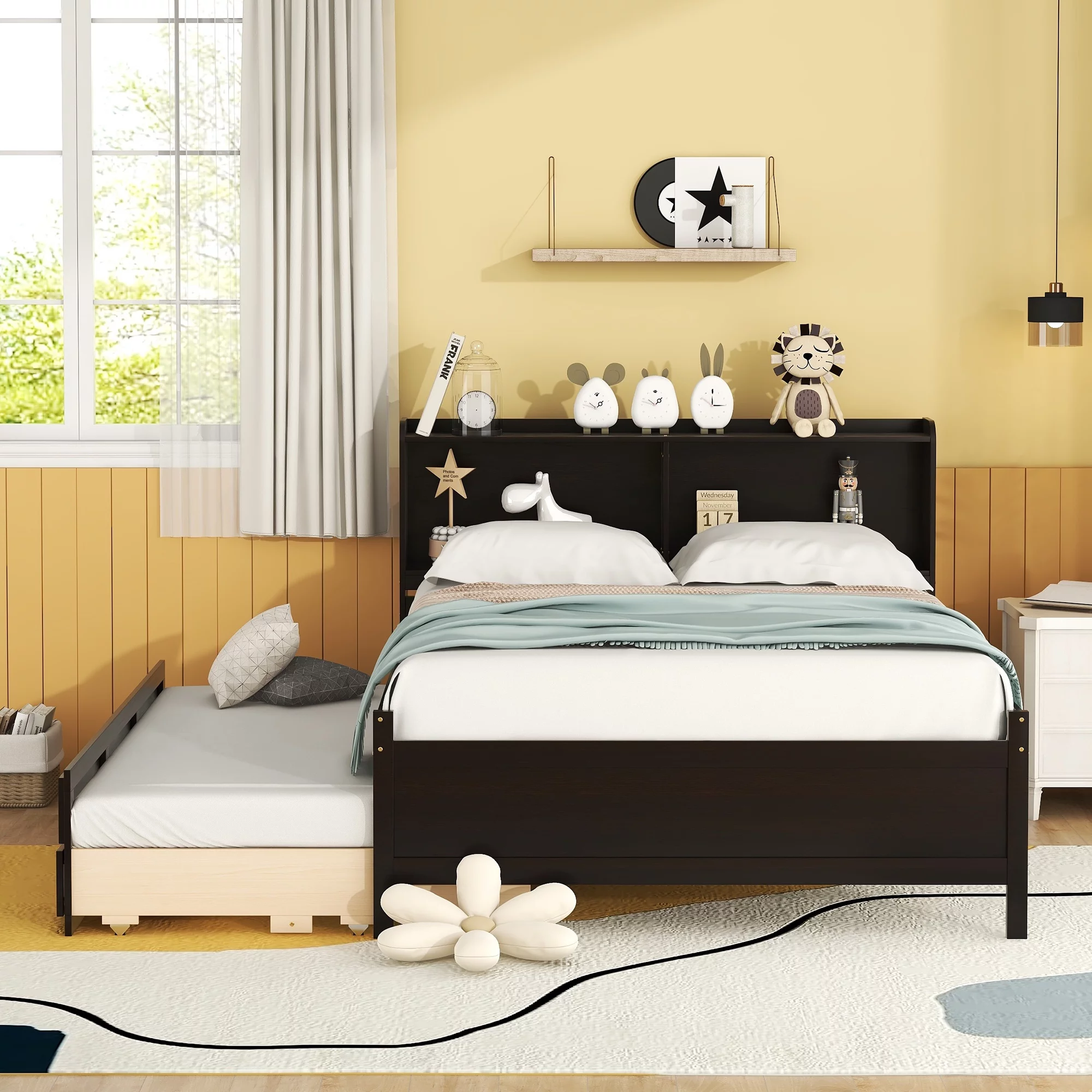 Bellemave Full Bed with Storage Drawers and Trundle, Wooden Twin Size Platform Bed with Bookcase Headboard, Twin Storage Bed and Trundle Bed for Kids Teens Adults (Full,Espresso)