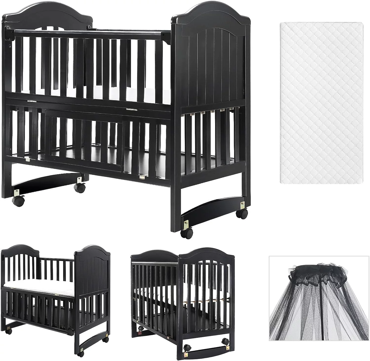 Portable Mini Baby Crib 6-in-1 Convertible (Mattress and Mosquito Net Included), Portable Bedside Sleeper Baby Bassinet Fits for Newborn Infants to Toddlers (Black)