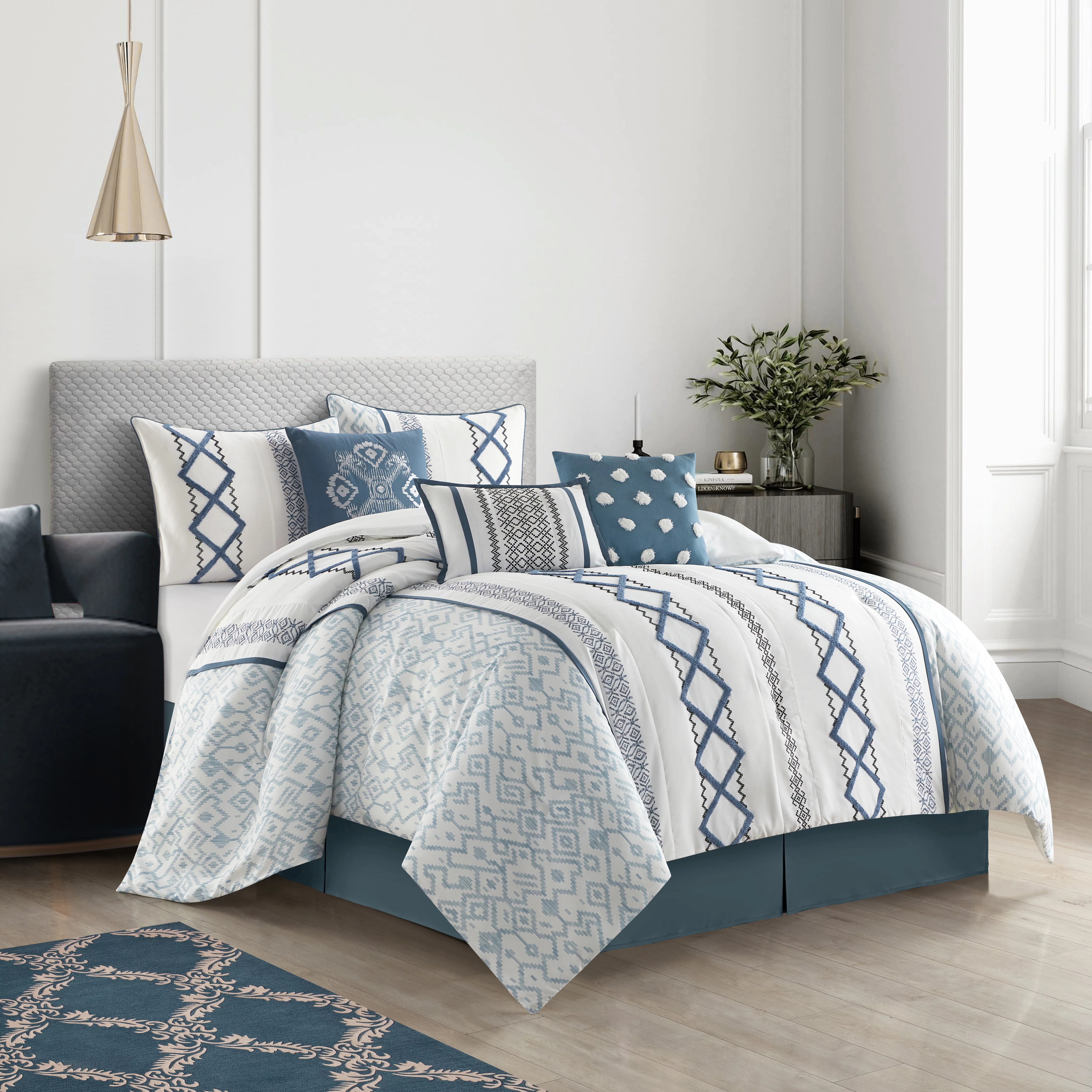 Nanshing Jamie 7 Piece Geometric Comforter Set, Blue, Queen