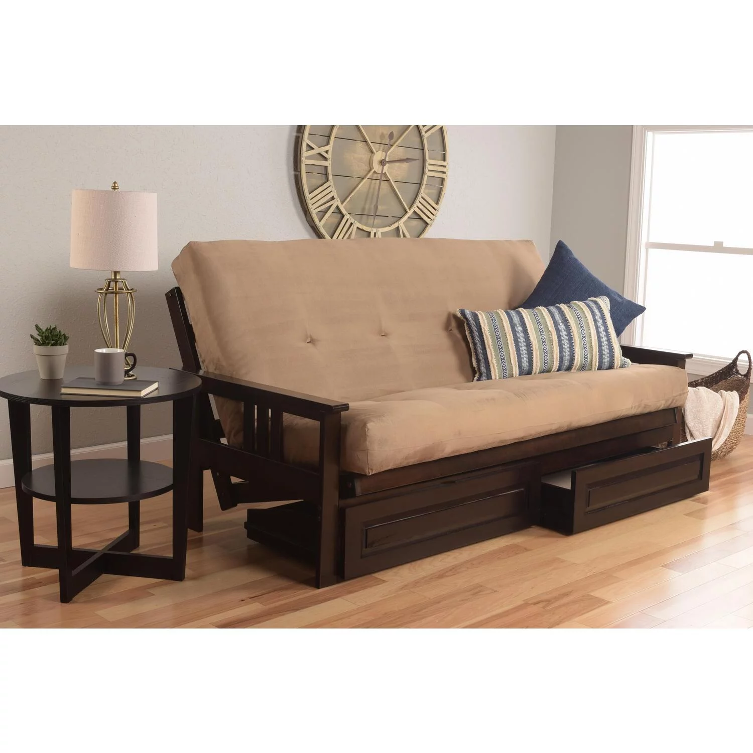 Maykoosh French Country Full Futon Frame with Storage Drawers, Color:Espresso/Tan
