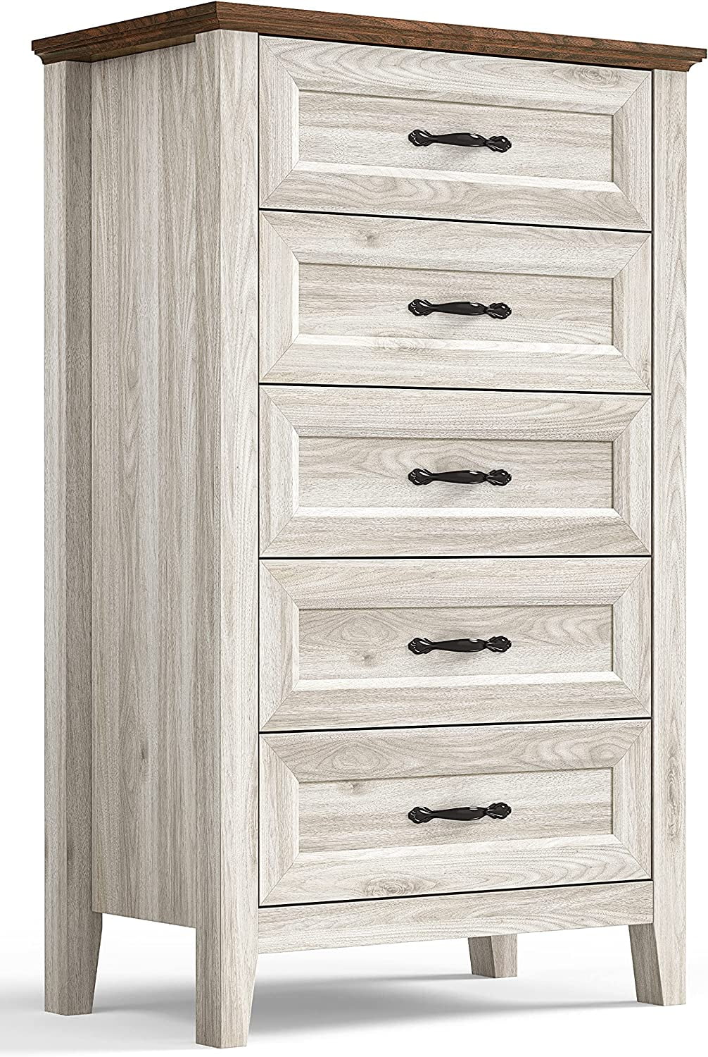 Beige Dresser for Bedroom, 5 Drawer Dresser with Metal Handles, Chest of Drawers, Tall Dresser for Living Room, Entryway, and Closet