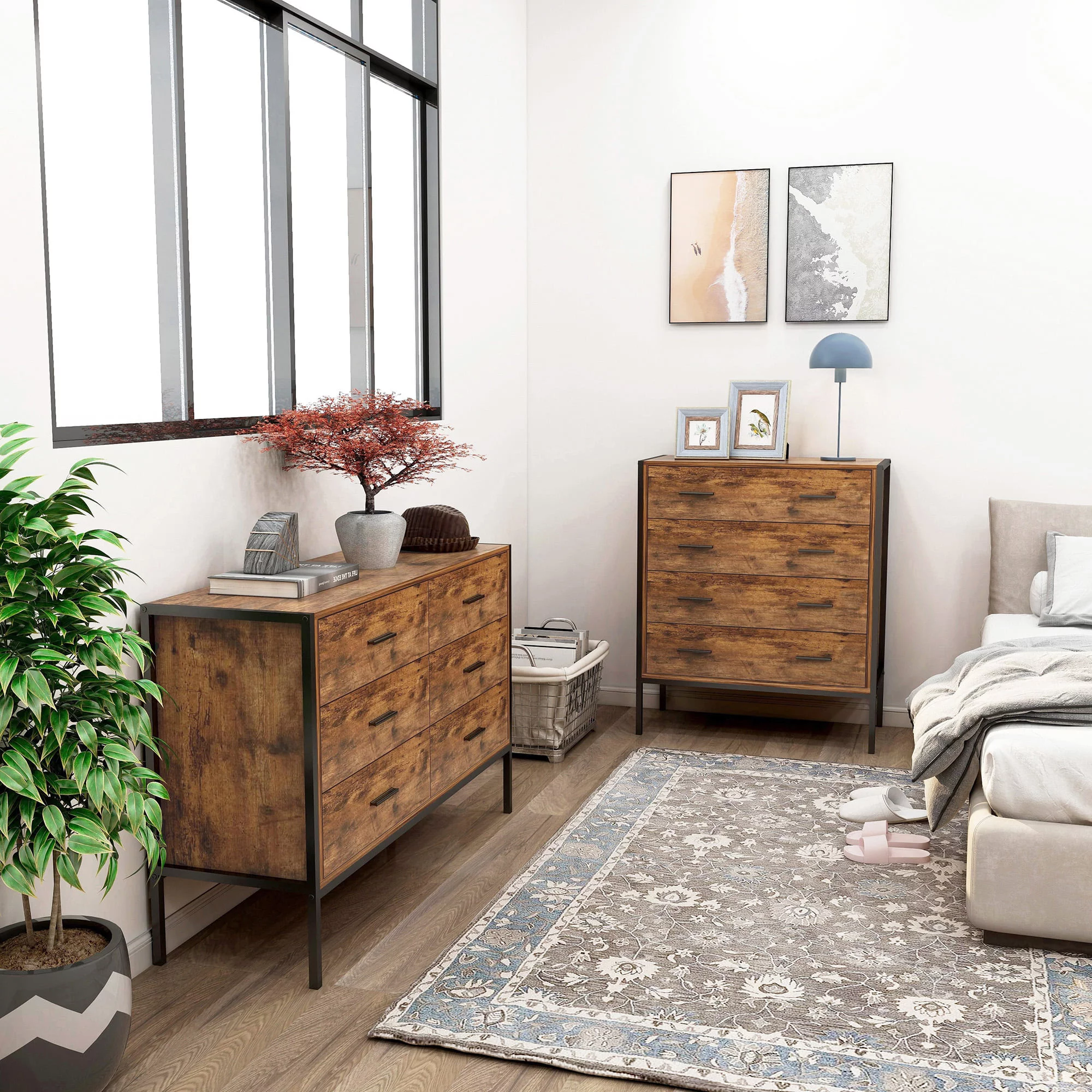 Glavbiku Vintage 6 Drawer Dresser,Storage Cabinet Sideboard with Steel Frame,Chest with 6 Drawer,Rustic Brown,Adult