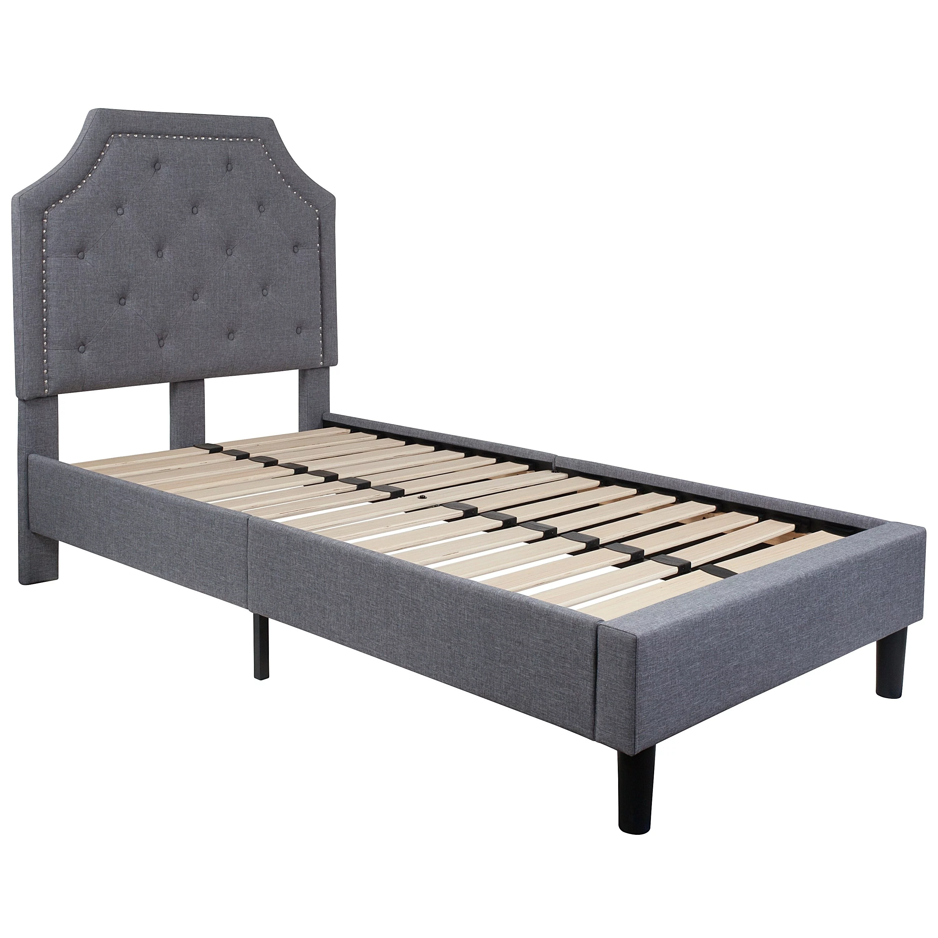 BSD National Supplies Inc. Reno Twin Size Light Grey Fabric Platform Bed with Button Tufted Headboard