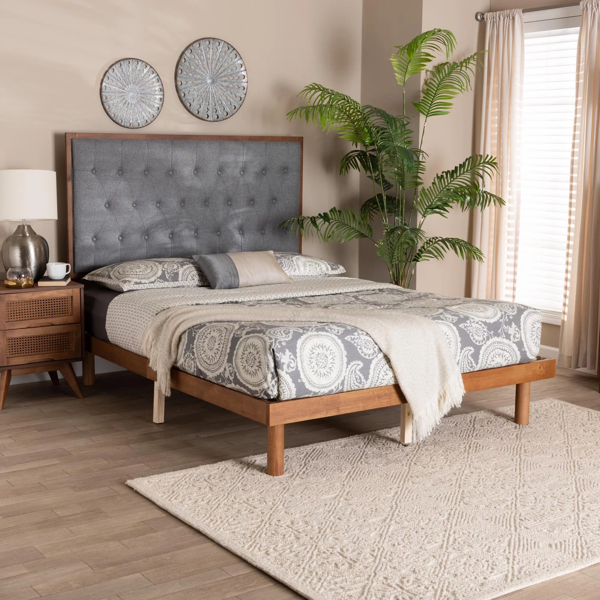 Baxton Studio Bellini Classic and Traditional Grey Fabric and Walnut Brown Finished Wood King Size Platform Bed