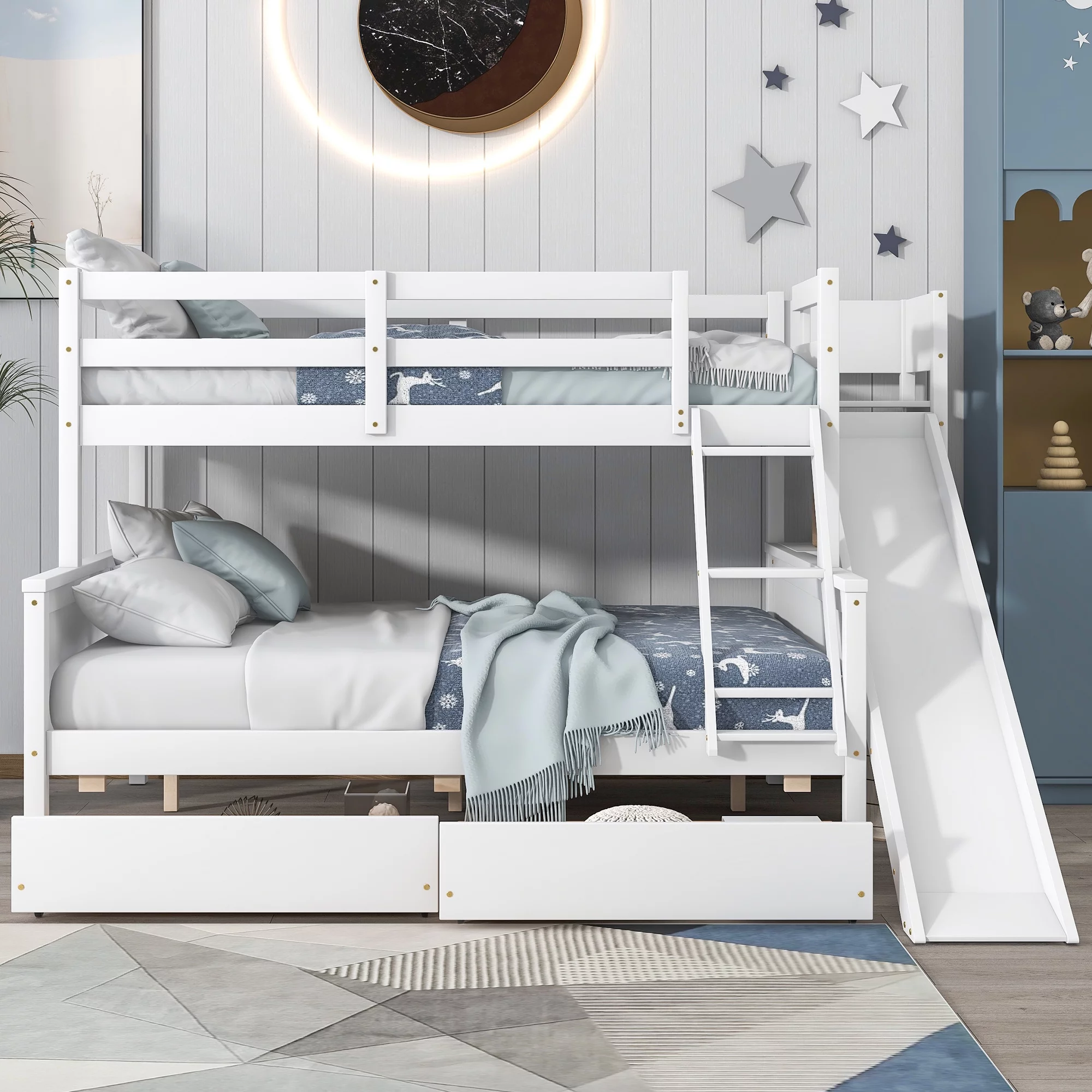 Docooler Twin over Full Bunk Bed with 2 Drawers,Slide,Shelves White