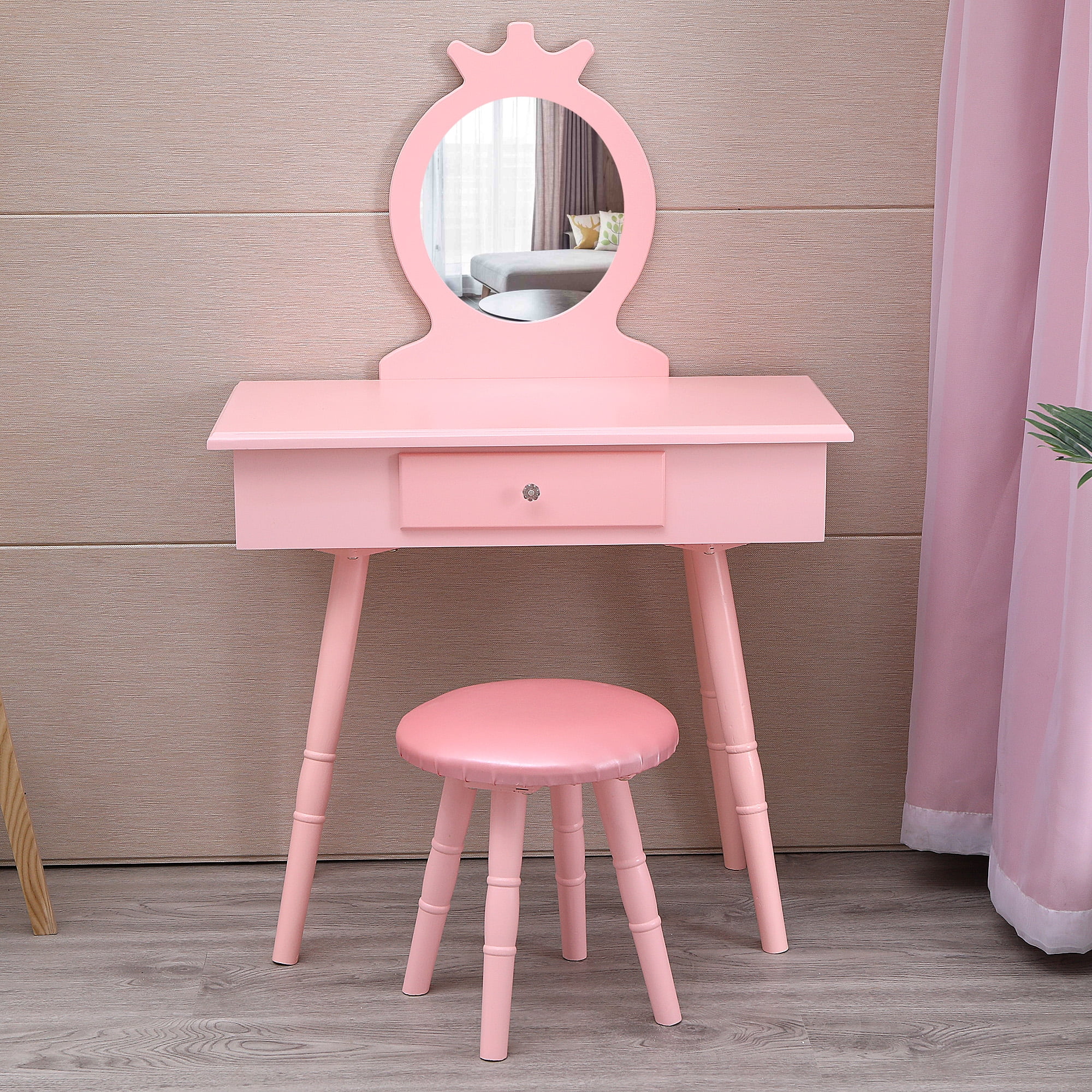 Winado Kids Vanity Set, Princess Dressing Table Set, Wooden Dresser, Little Girls Makeup Table and Stool Set, Children's Bedroom Furniture(Pink)