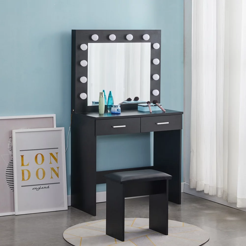 CLIPOP Black Makeup Vanity with LED Mirror and Padded Stool, 2 Drawers,3 Colors Lighting for Bedroom