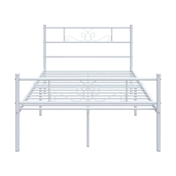 Platform Metal Bed Frame Foundation with Headboard Bedroom Furniture Full Size, White
