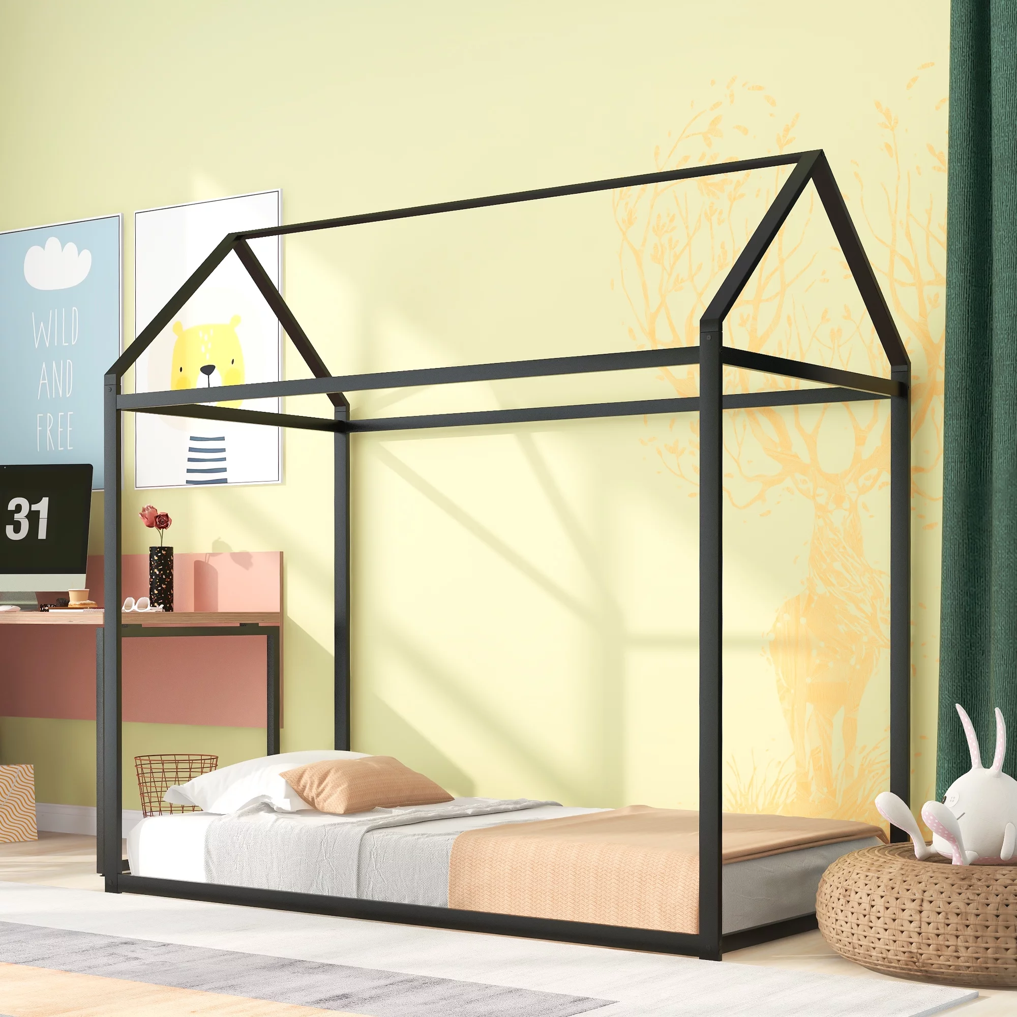 Anself House Bed Frame Twin Size , Kids Bed Frame Metal Platform Bed Floor Bed for Kids Boys Girls No Box Spring Needed Black
