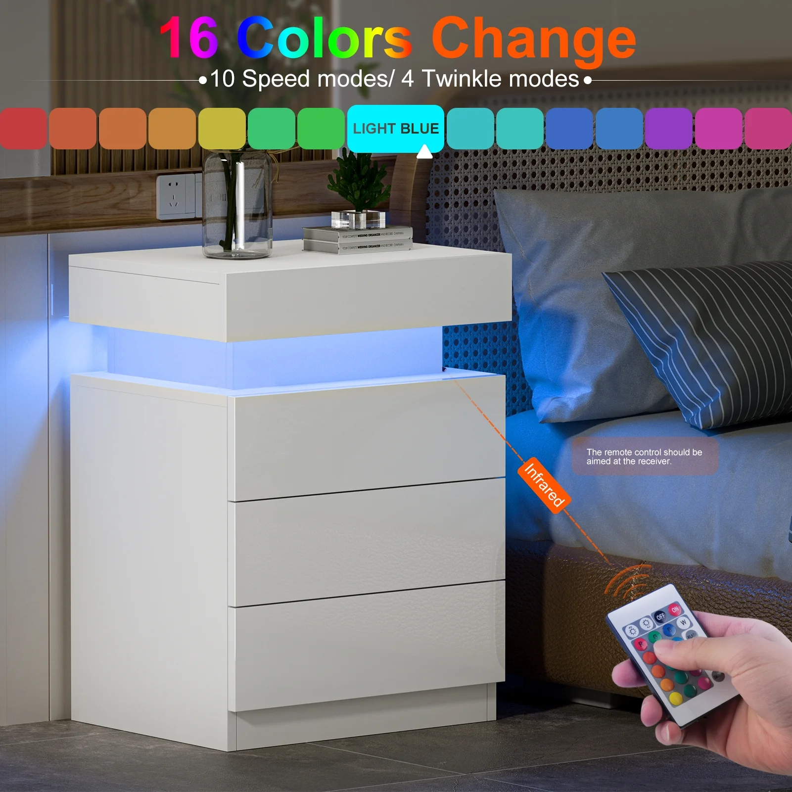 YILQQPER 3 Drawer Modern Nightstand with LED Light High Gloss Bedside Tables for Bedroom, White