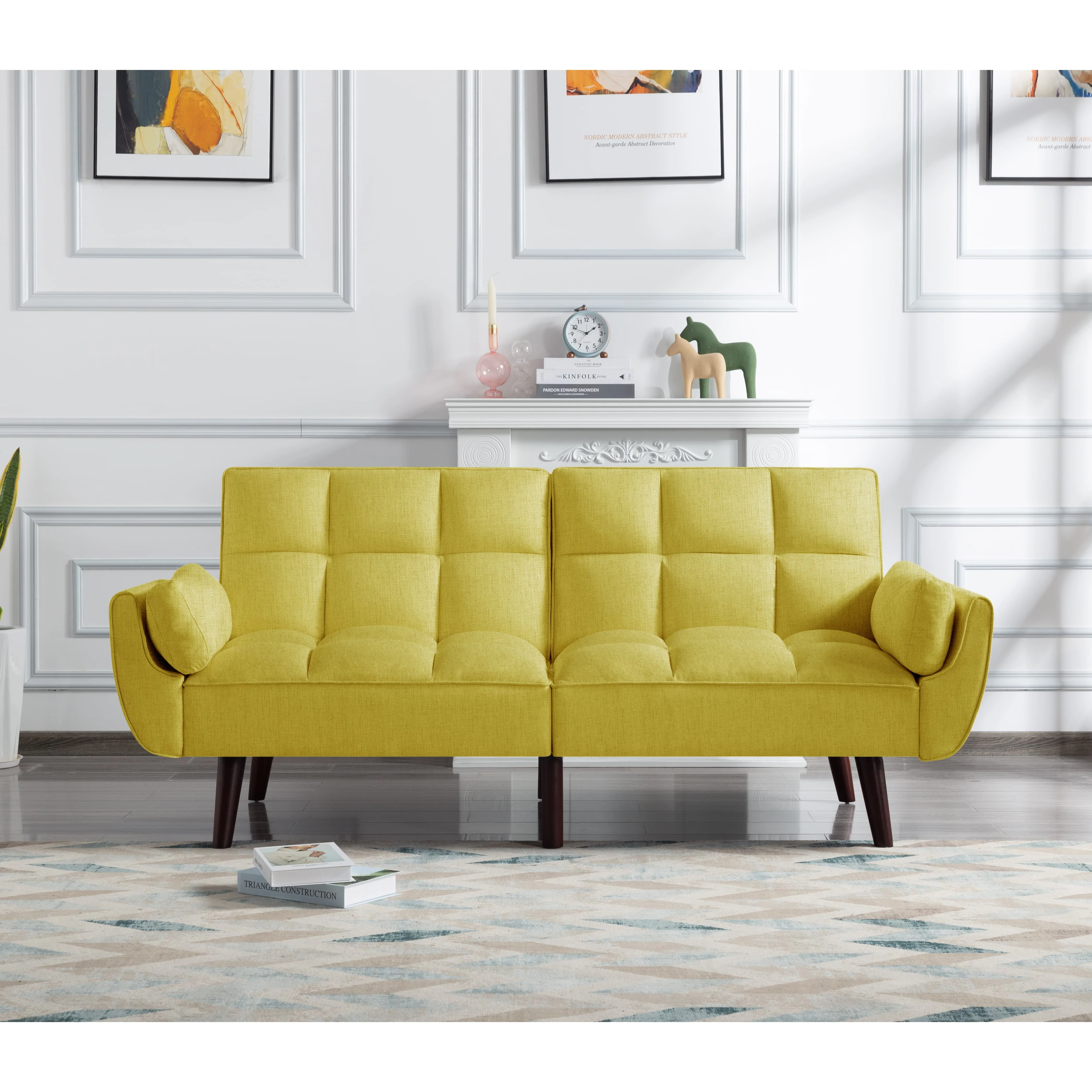 BSHTI 74.4 inch Foam Futon Sofa Bed,Converted Futon Sofa Sleeper with 2 Pillows for Livingroom(Yellow)