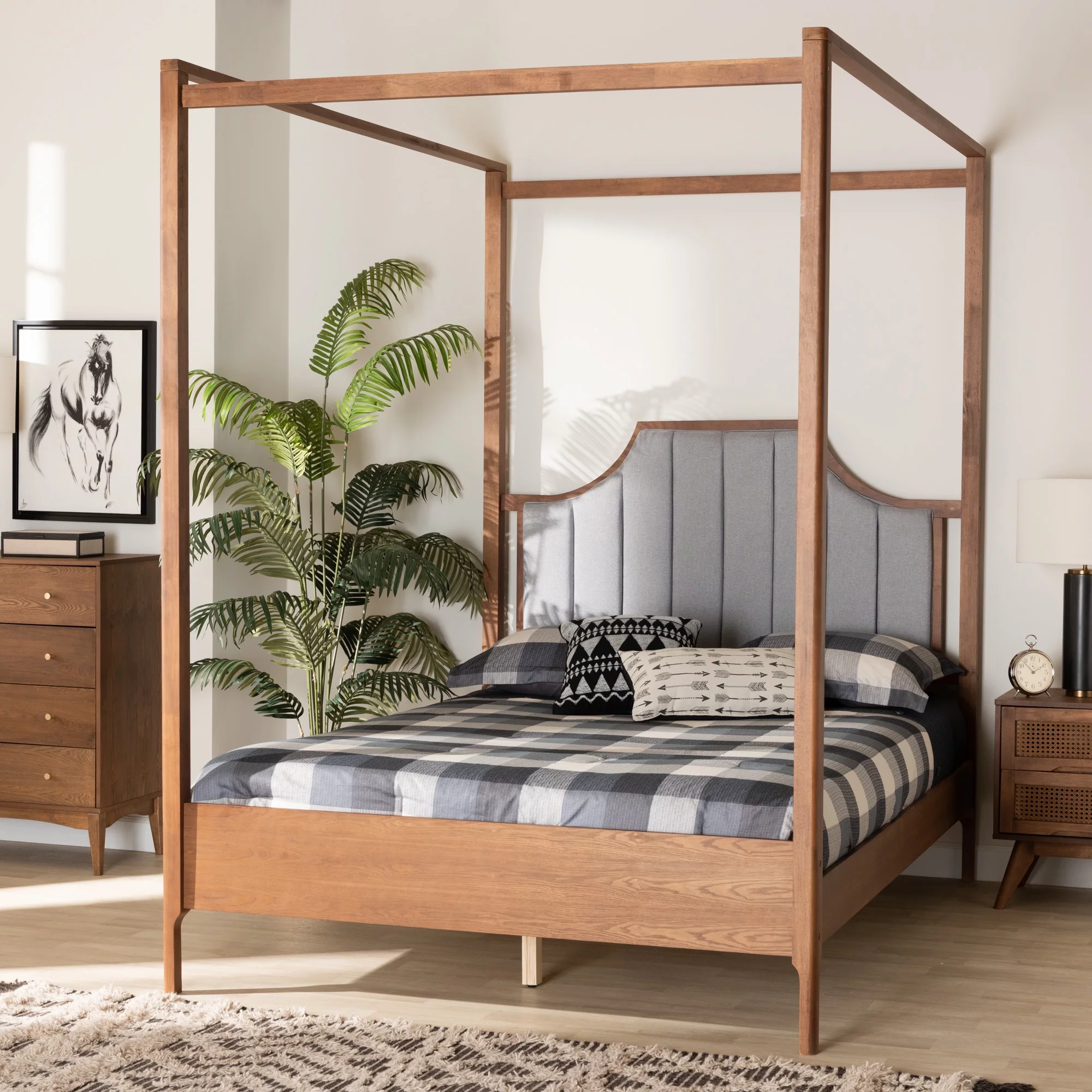 Baxton Studio Roman Classic and Traditional Ash Walnut Finished Wood Queen Size Canopy Bed