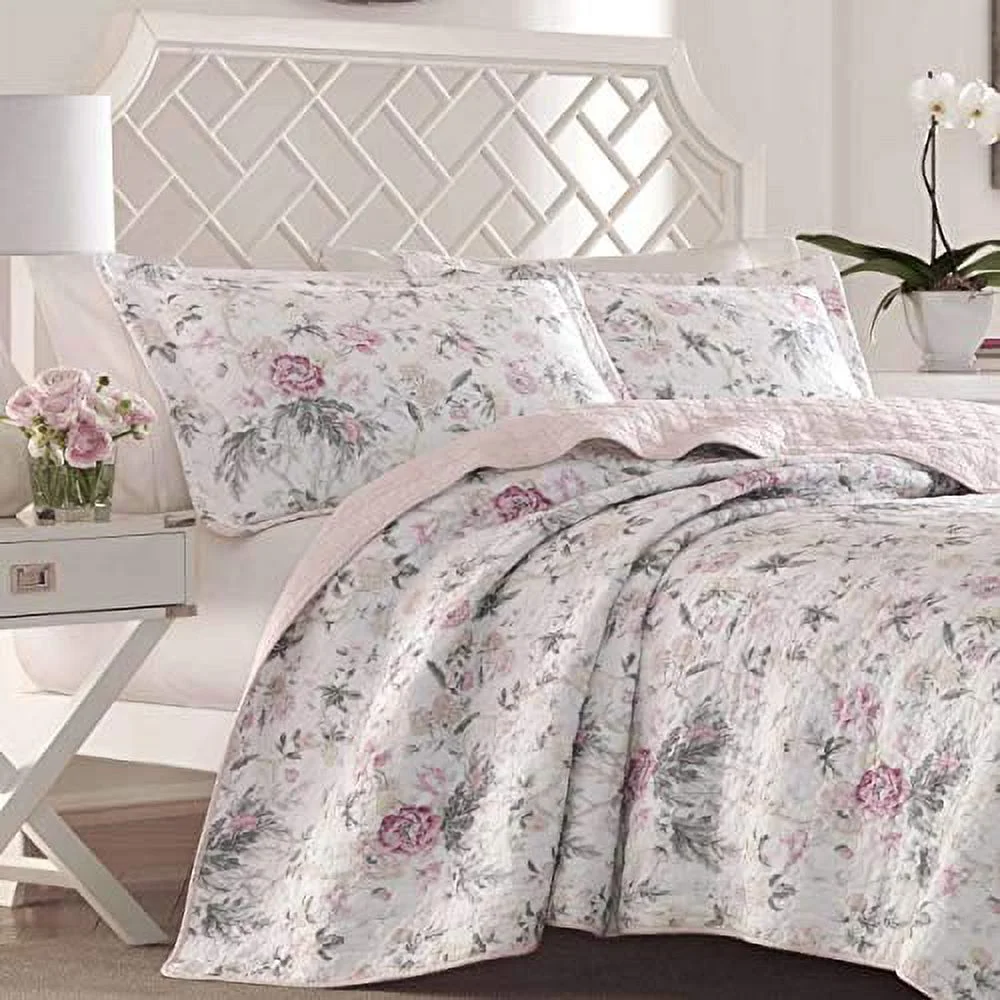 Laura Ashley Home - Breezy Floral Collection - 100% Cotton, Reversible, Lightweight & Breathable Bedding, Pre-Washed for Added Softness, Queen, Pink/Grey Queen Pink/Grey