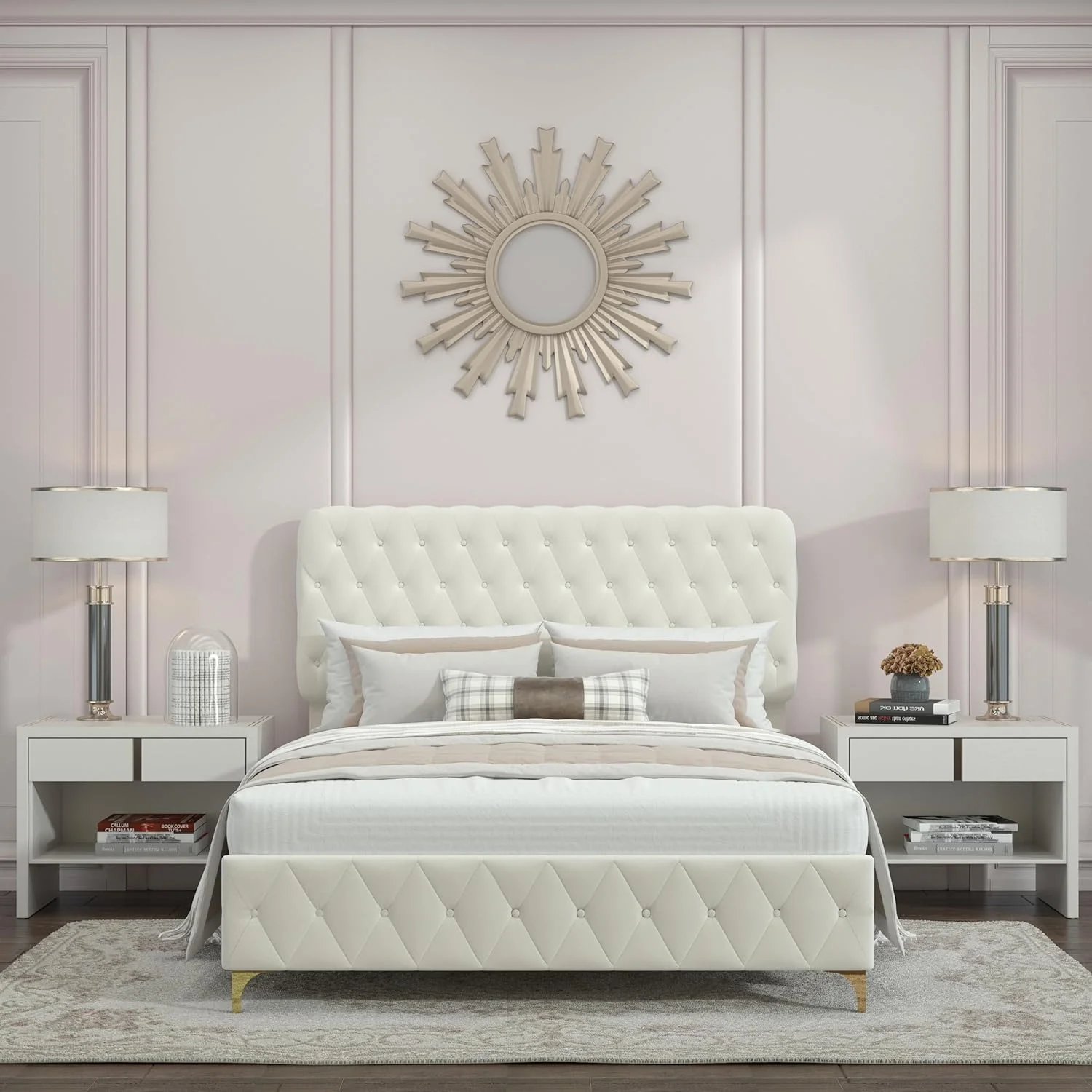 Full Size Platform Bed Upholstered Platform Beds With Nailhead Trim, Solid Wood Bed Frame Full With Headboard And Footboard For Bed Room, No Box Spring Needed (Cream)
