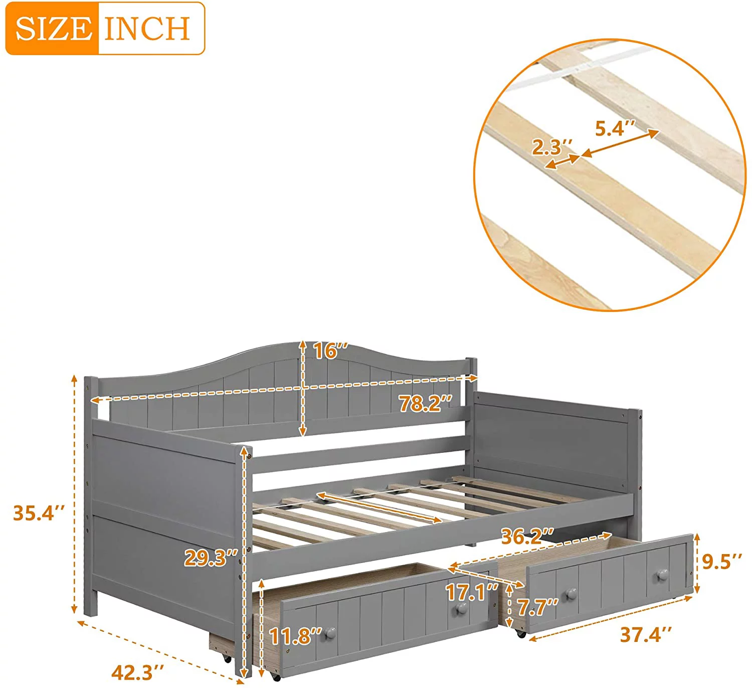 YGDU Twin Size Wooden Daybed with 2 Drawers for Bedroom Living Room,No Box Spring Needed,Gray