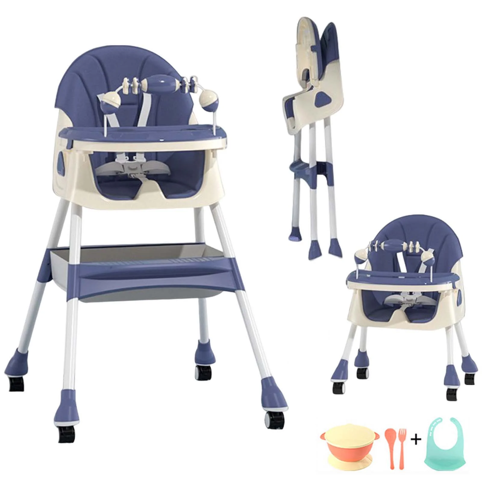 EONROACOO Baby Highchair with 5-point Snap Button, High Chair for Babies with Double-Layer Tray and Toys, Blue