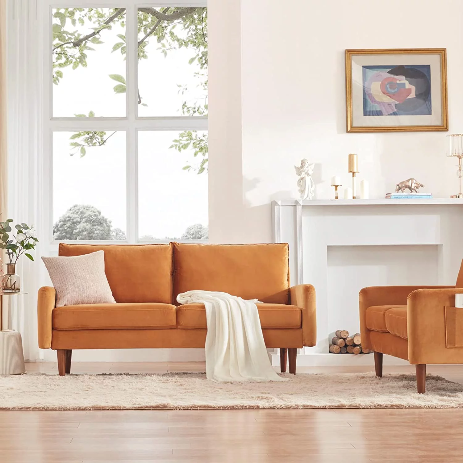 Dreamsir 70'' Mid Century Modern Sofa, Velvet Loveseat Furniture with Two Storage Bags, Small Love Seats Couch for Small Spaces, Velvet Sofa for Living Room & Apartment, Easy-Assembly (Sofa, Ginger)