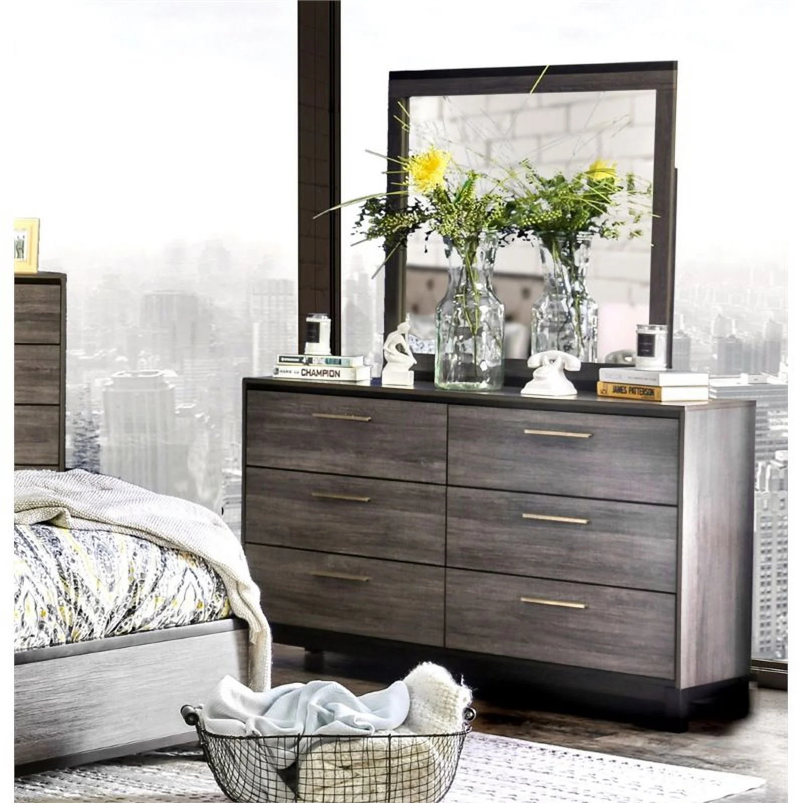 Furniture of America Charlsie Wood Dresser and Mirror Set in Antique Gray