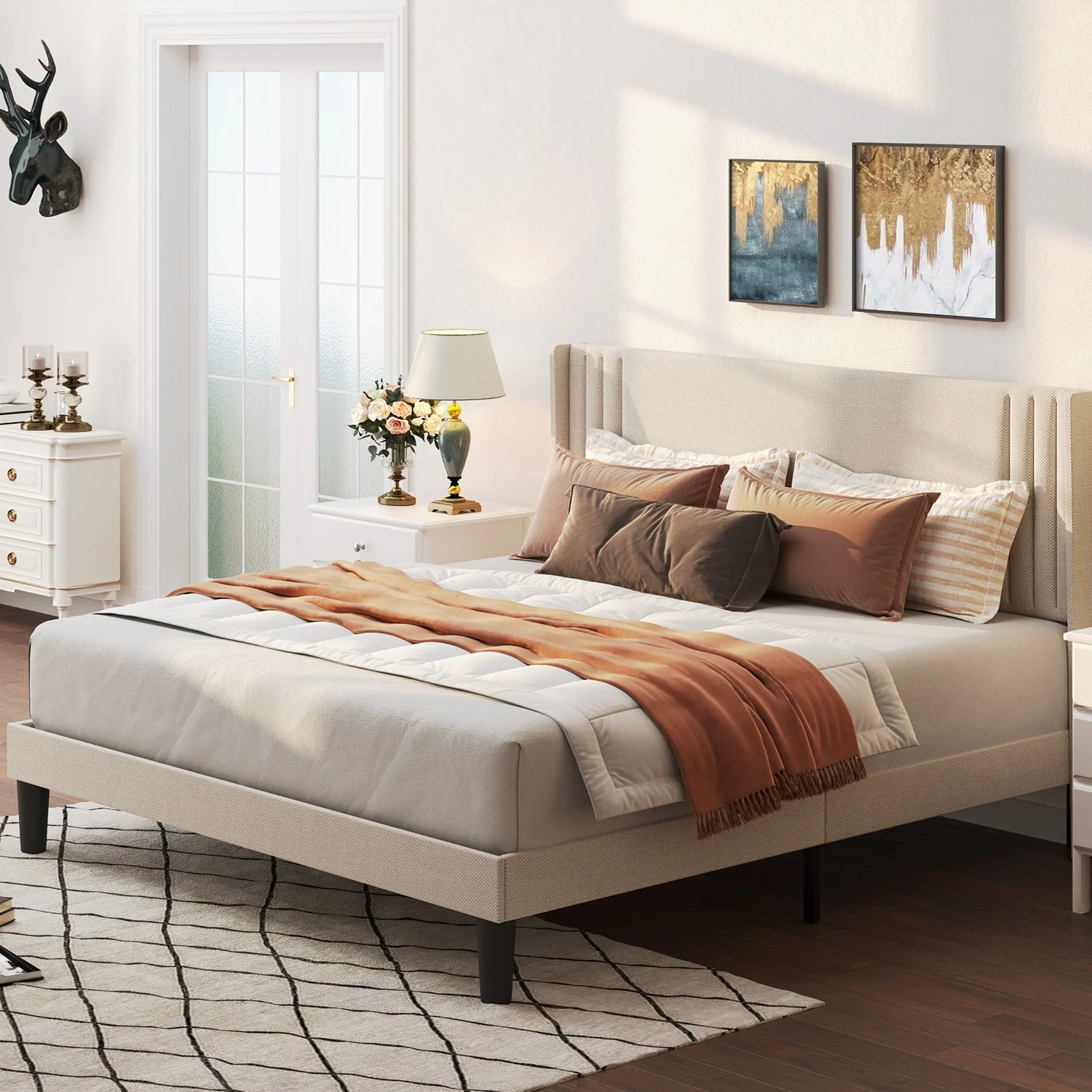 Gizoon Queen/ Full Wingback Platform Bed Frames with Under-bed Storage Beige - Queen
