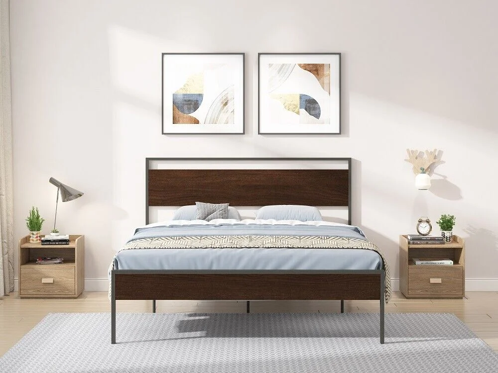 Metal Bed, Black with Walnut Wood Headboard&Footboard, Queen
