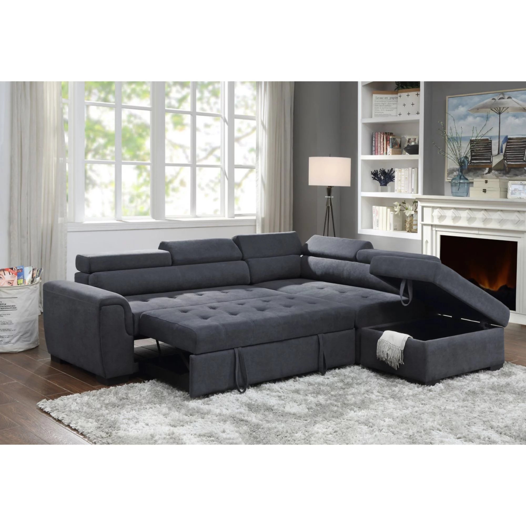 Haris Gray Fabric Sleeper Sofa Sectional Couch and Storage Ottoman