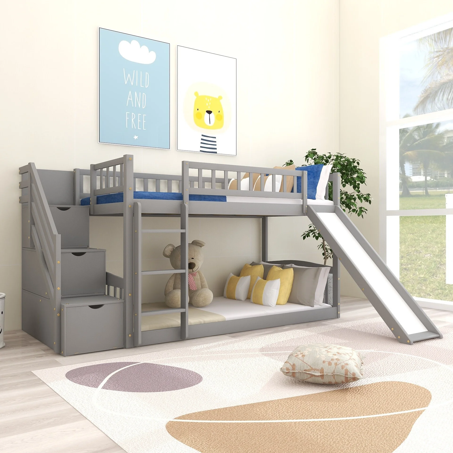 Twin-Over-Full Bunk Bed With Two Storage Drawers And Slide Grey