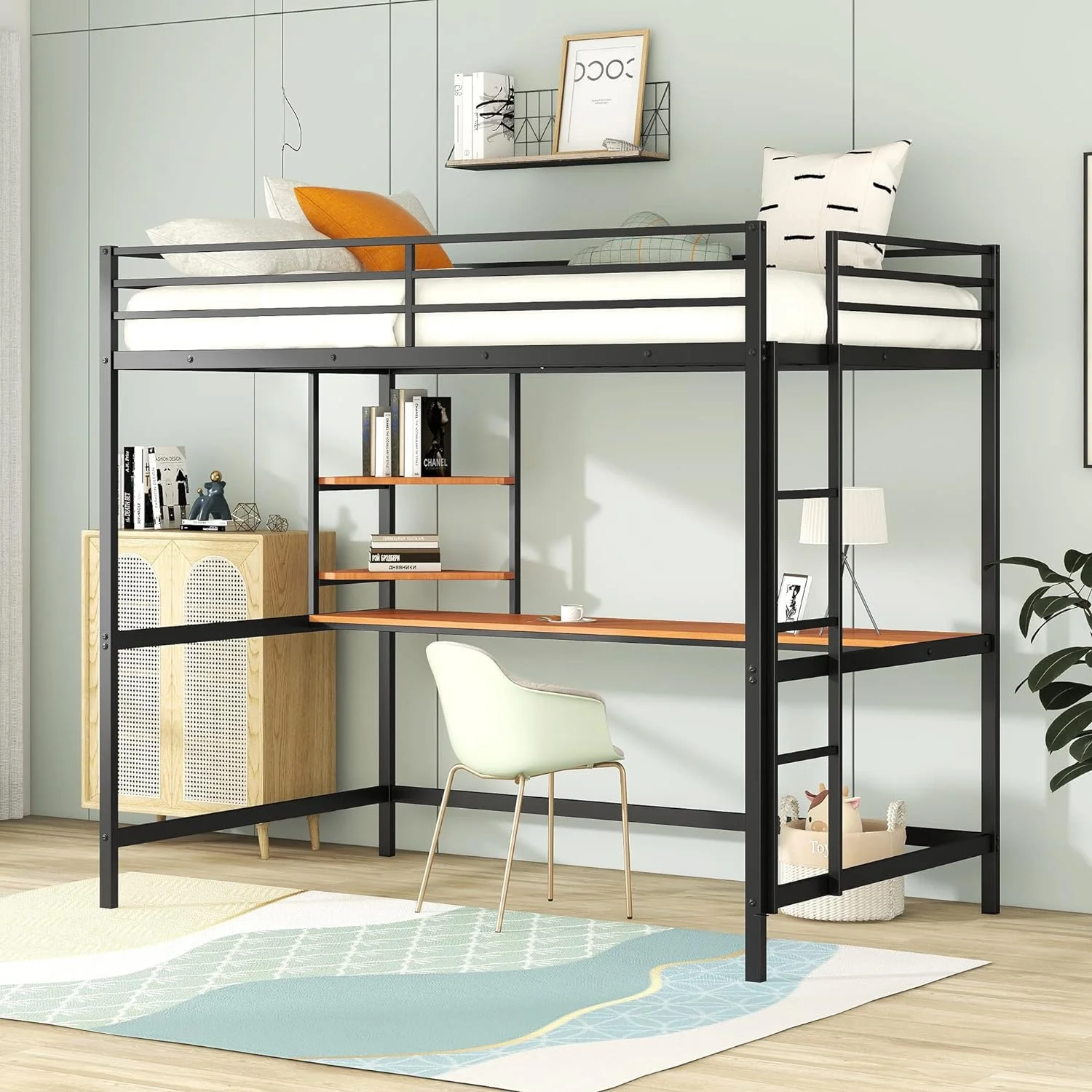 Full Size Metal Loft Bed With Long Desk, Shelves And Full Length Guardrails, Space-Saving Full Loft Bed For Bedroom, Black